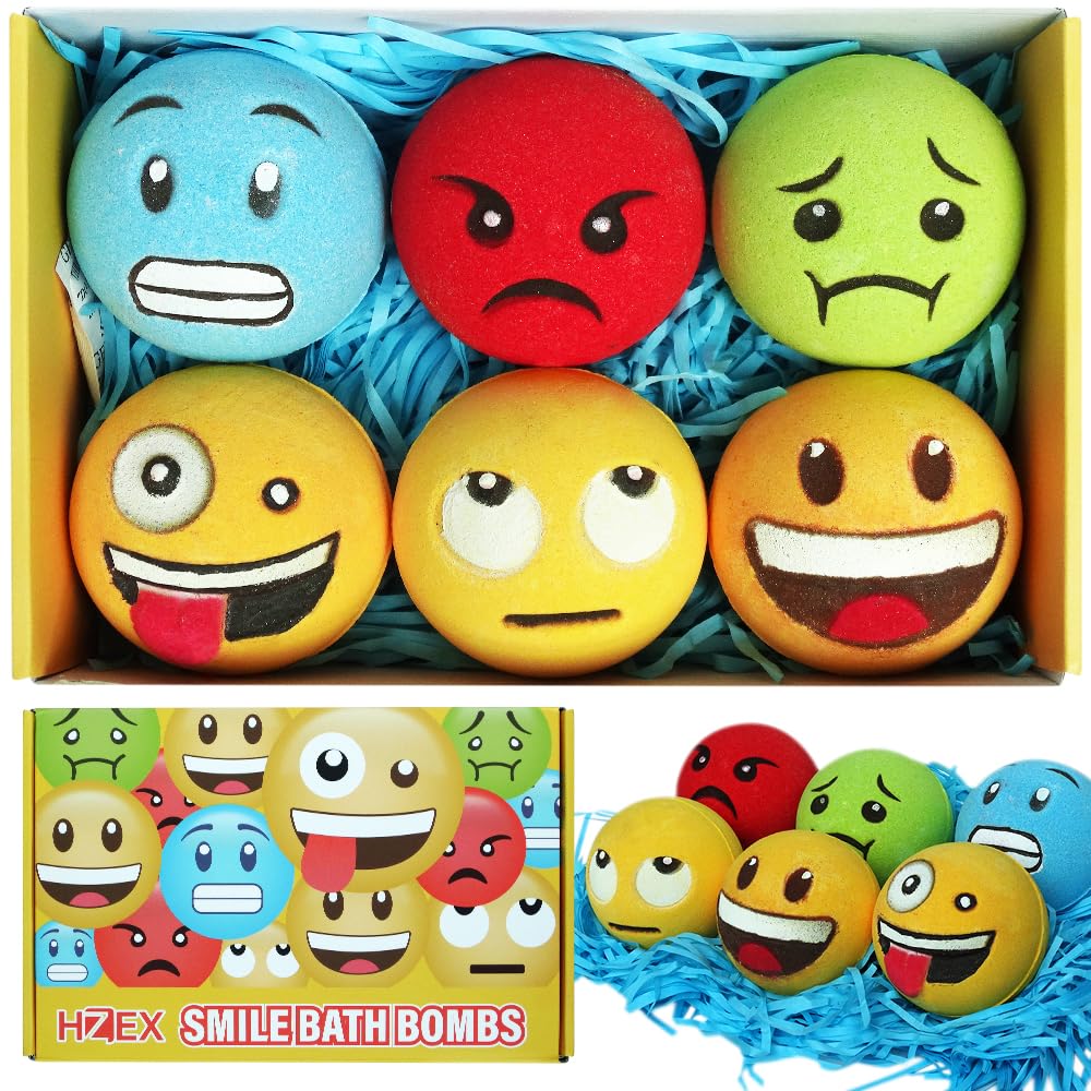 HZEX Large Emotion Face Bath Bombs Set of 6 - Fun Emoji-Inspired Spa Fizzies - Handmade with Shea Butter, Cocoa Butter & Essential Oils… Beauty & Personal Care HZEX