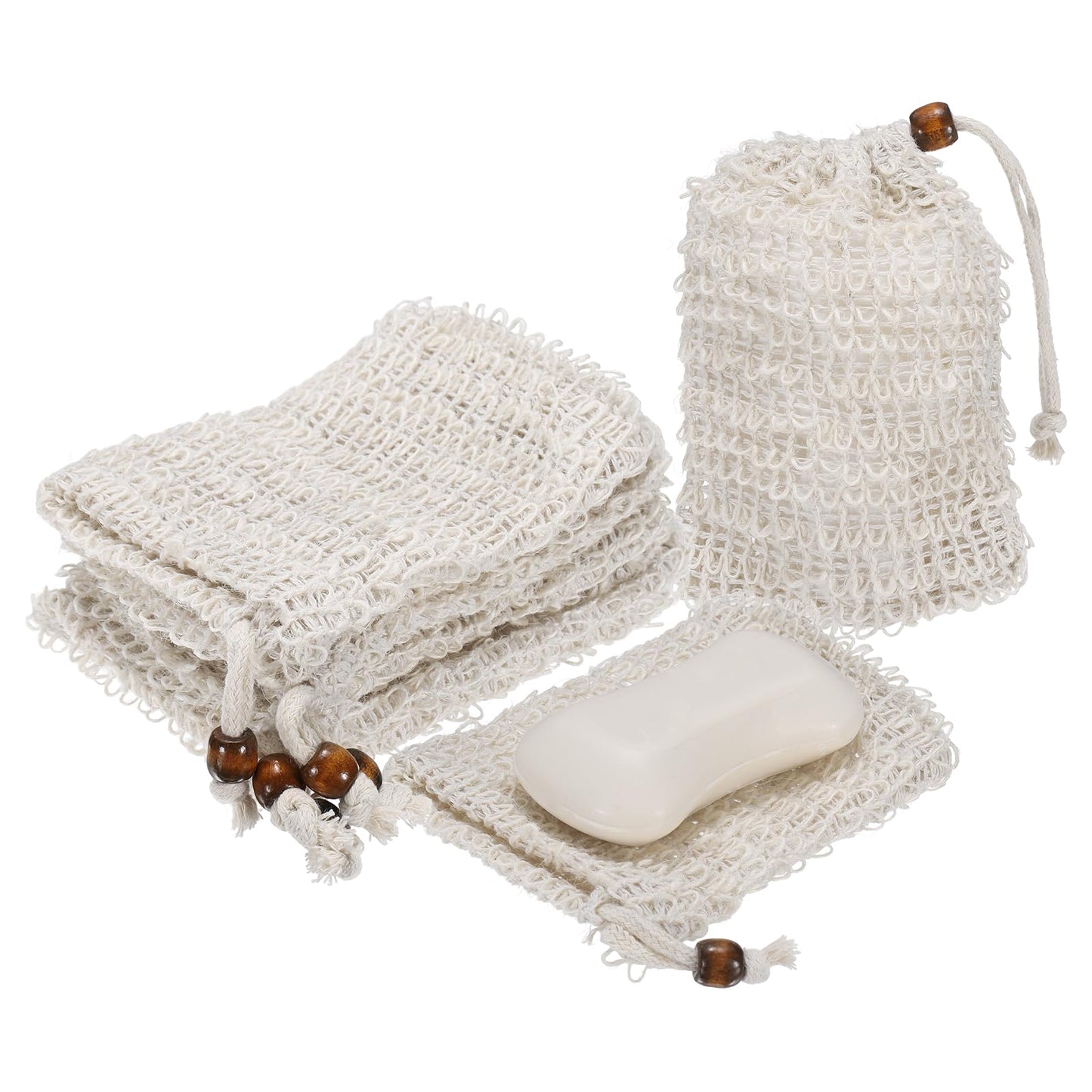 uxcell 20 Pcs Soap Saver Bag, 5.5"x3.5" Mesh Soap Bag with Drawstring Light Brown Wooden Bead Cotton Scrubber Pouch Exfoliating Net for Body Shower Beauty and Personal Care uxcell