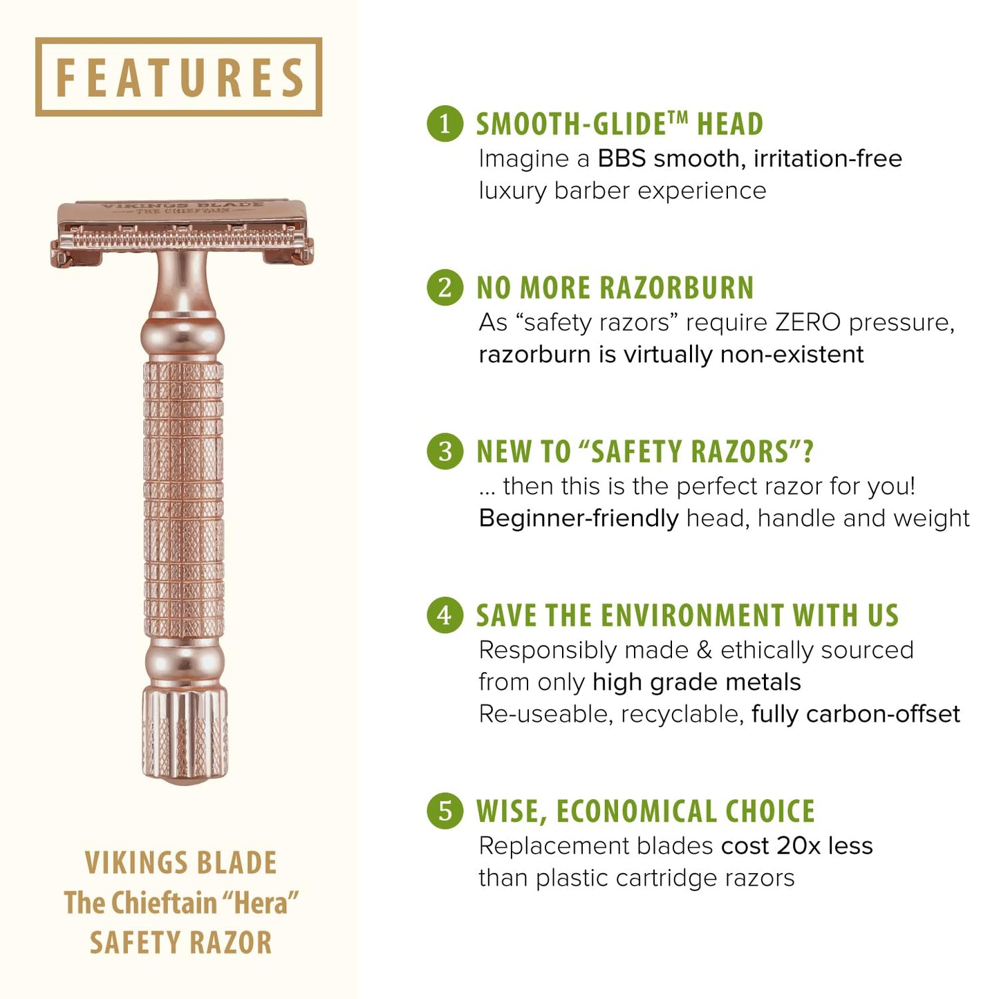 VIKINGS BLADE Double Edge Safety Razor + 5 Swedish Steel Blades + Luxury Case. Smooth, Reusable, Recyclable (Chieftain "Hera") Beauty and Personal Care Vikings Blade