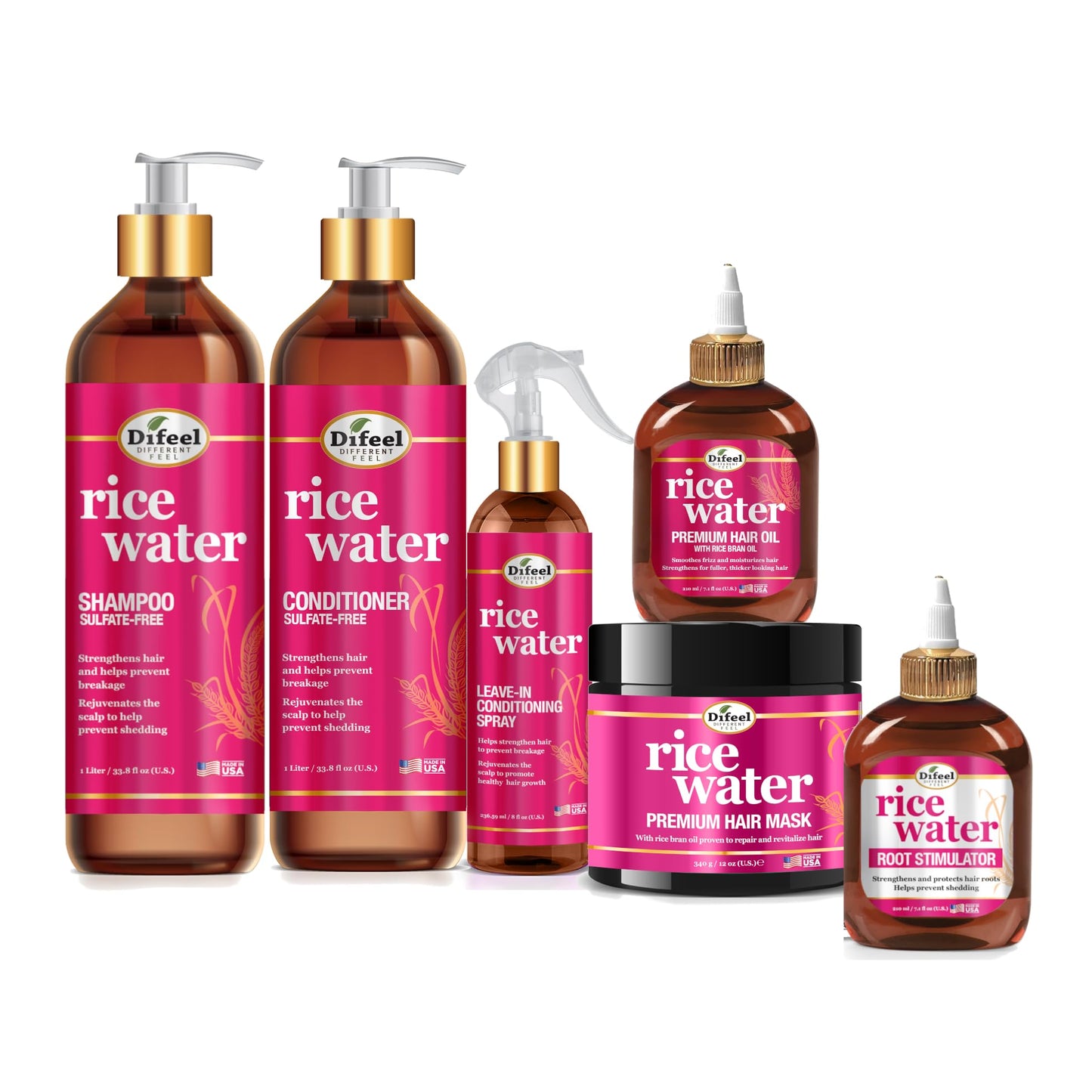 Difeel Rice Water Hair Care Ultimate Shampoo & Conditioner 6PC Set - Includes 33.8oz Shampoo, 33.8oz Conditioner, 12oz Hair Mask, 7.1oz Hair Oil Beauty & Personal Care Difeel