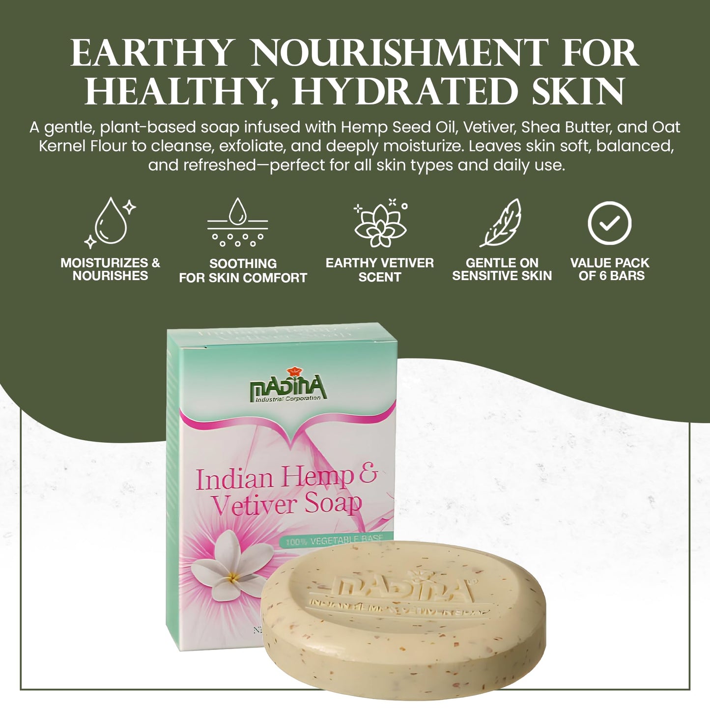 Madina Indian Hemp Vetiver Soap Bar - Moisturizing, Nourishing, Shea Butter, Oat, Wheat Bran, Gentle Cleanser, 100% Vegetable-Based, For All Skin Beauty & Personal Care Madina