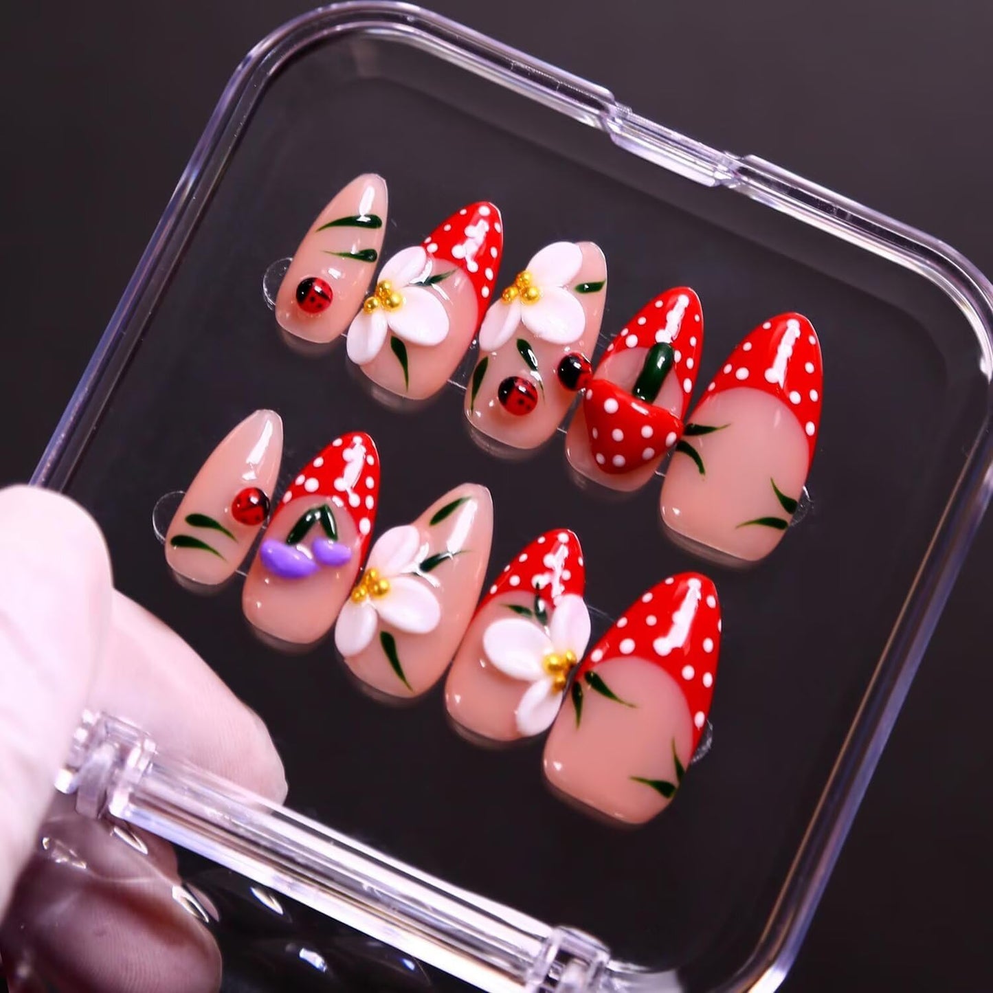 MAGLFELL Spring Press on Nails Handmade Medium Length Almond Fake Nails, 3D French Salon Painting Design False Nails, 10 Pcs Reusable ABS Material Beauty and Personal Care MAGLFELL