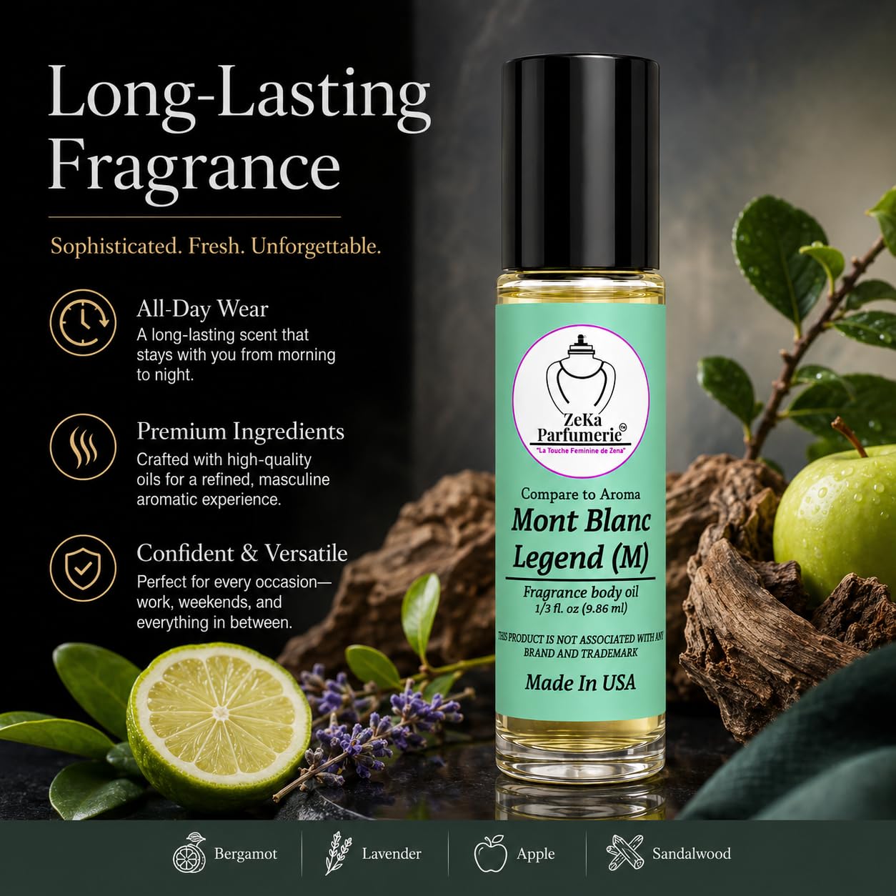 ZEKA PARFUMERIE Compare to Aroma compatible with Mont Blanc Legend for Men Fragrance Body oil on 1/3 oz (9.86ml) size Roll-On Botlle Beauty & Personal Care ZEKA PARFUMERIE