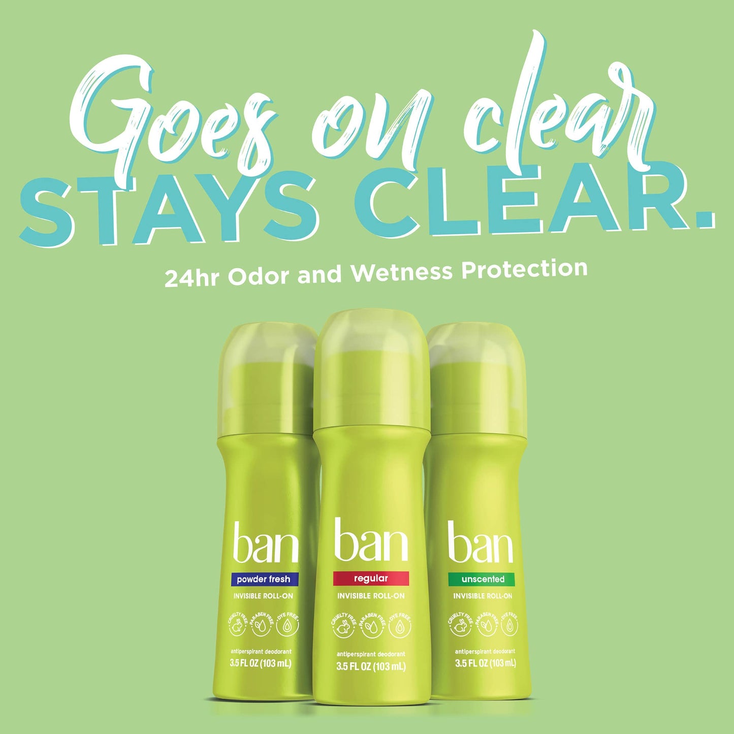 Ban Original Unscented 24-hour Invisible Antiperspirant, 3.5oz Roll-on Deodorant for Women and Men, 4-pack, Underarm Wetness Protection, Beauty and Personal Care Ban