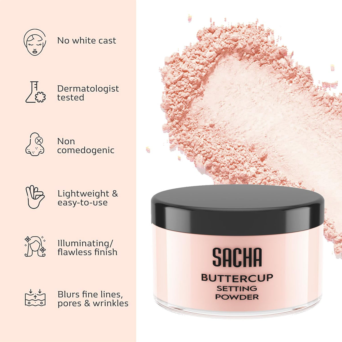 Sacha Buttercup Rosé Setting Powder - All Skin Tones Translucent Loose Face Powder, Flashback-Resistant, Oil Control, Long-Wear Matte Finish (1.75 oz)