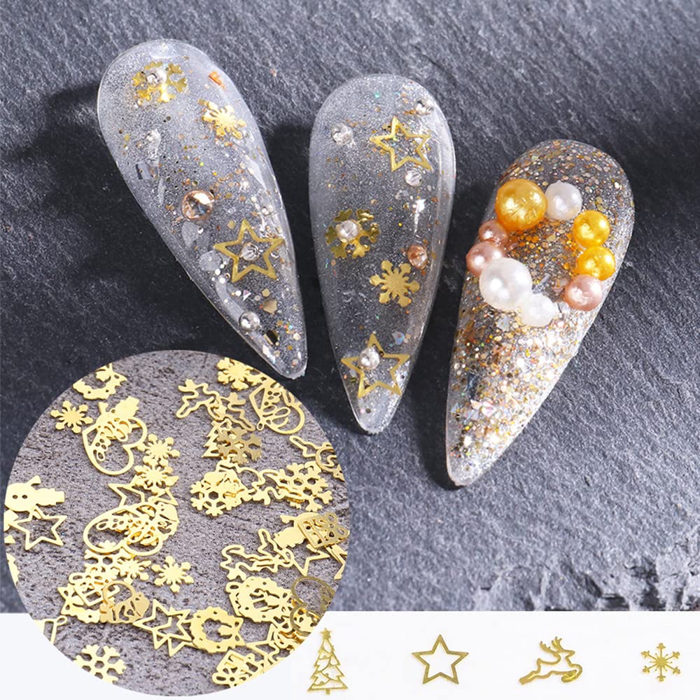 Christmas Nail Art Glitter, 12 Grids Gold Snowflake Nail Charms Snowflakes Snowmen Elk Bell Gift Xmas Tree Christmas Nail Design Winter Confetti Beauty & Personal Care Tyemp