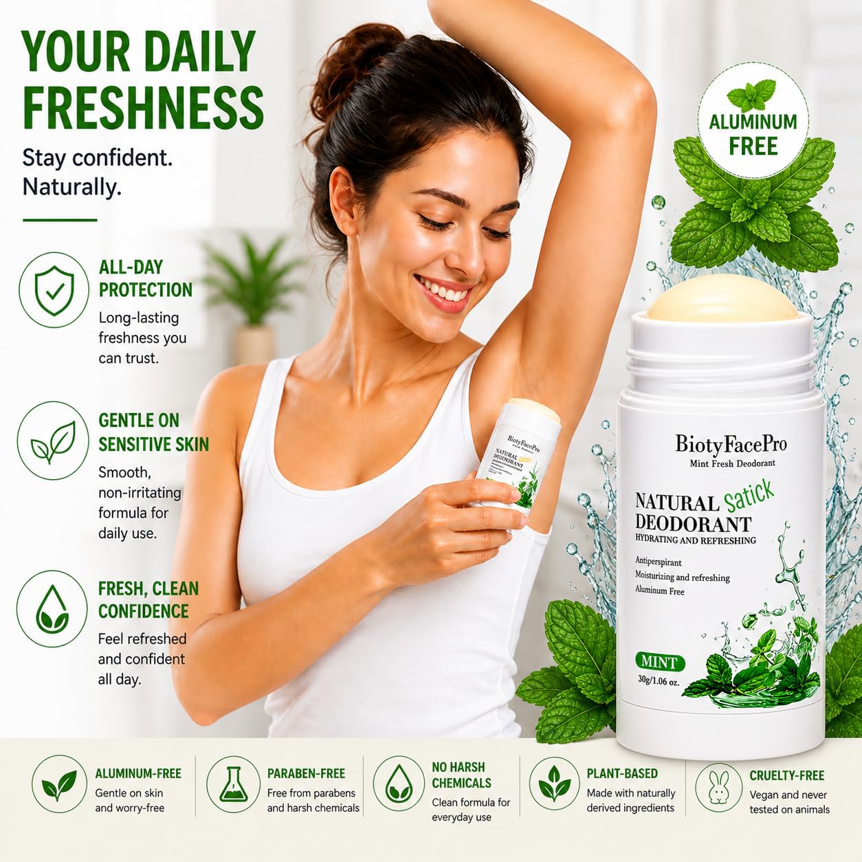 BiotyFacePro Natural Deodorant Stick - Aluminum-Free, Moisturizing & Refreshing, Long-Lasting Odor Protection, Travel size,(Mint) Beauty and Personal Care BIOTYFACEPRO SKINCARE