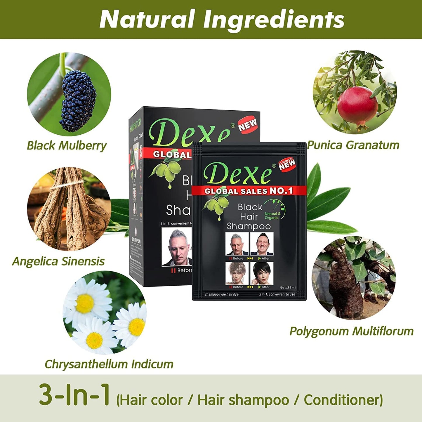 Instant Hair Dye - Black Hair Shampoo - (3) Black Colour - Simple to Use - Last 30 days - Natural Ingredients Beauty & Personal Care Dexe