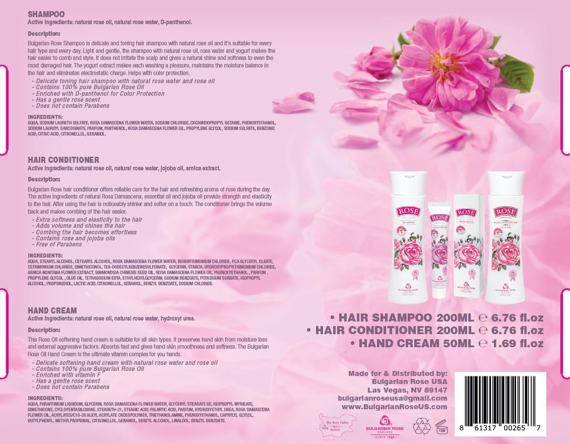 Rose Bulgarian Revitalizing Hair Care 3 Piece Gift Set - Natural Rose Shampoo, Hair Conditioner, Hand Cream Beauty & Personal Care BULGARIAN ROSE KARLOVO