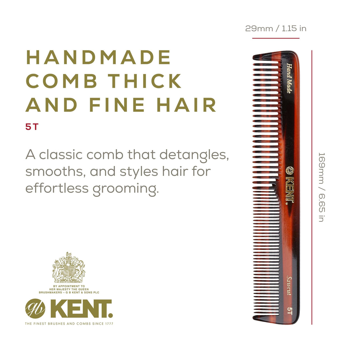 Kent 5T 6.6 Inch Double Tooth Dressing Comb, Fine and Wide Tooth for Hair, Beard, and Mustache Styling and Grooming - Coarse and Fine for Men, Women,