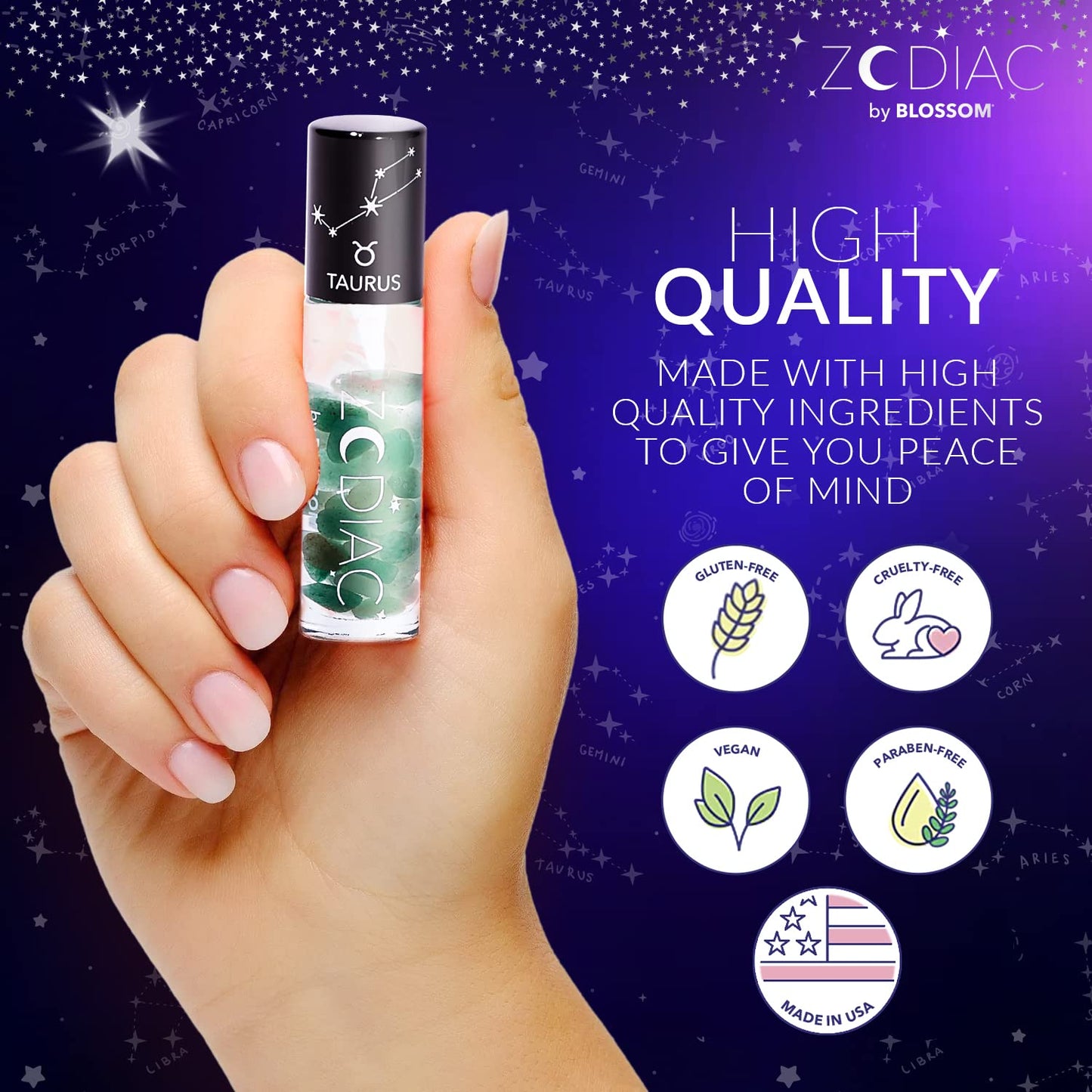 Blossom Lip Gloss Zodiac Sign Vanilla Scented Roll-On Lip Gloss, Moisturizing + Hydrating with Zodiac Crystals, Made in USA, 0.20oz, Taurus Beauty & Personal Care Blossom