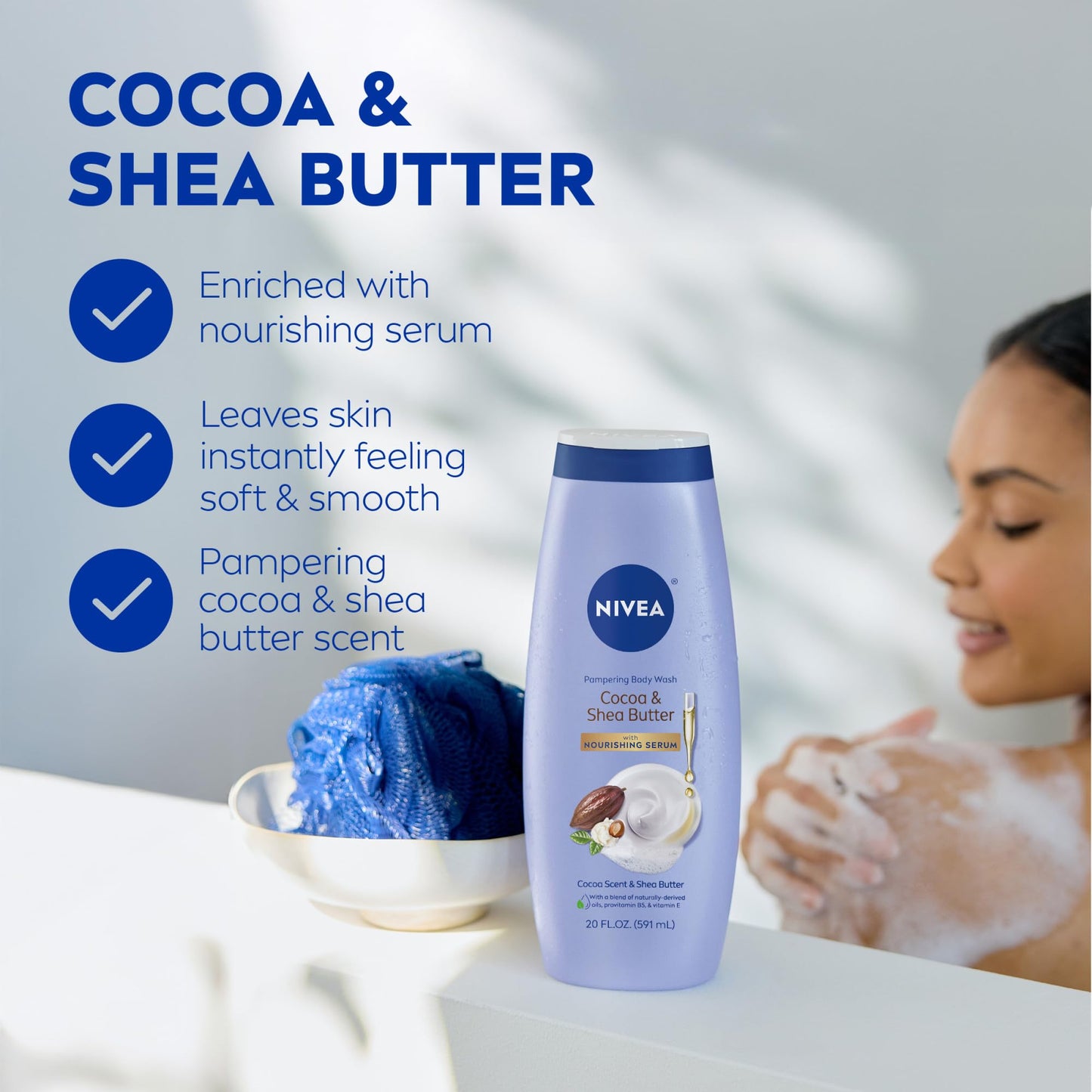 NIVEA Pampering Cocoa and Shea Butter Body Wash with Nourishing Serum, Moisturizing Body Wash for Women, Enriched with Provitamin B5 and Vitamin E, 20 Beauty & Personal Care NIVEA