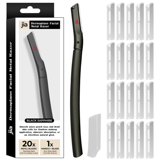 Jia Dermaplane Facial Metal Razor in Black Sapphire with 20 Swiss-Made Replacement Blades - Eyebrow Trimmer & Face Shaver for Women and Men, Peach Beauty and Personal Care jia Personal Care