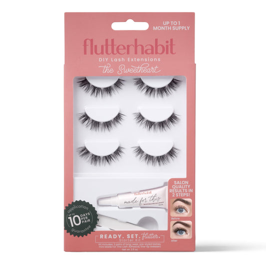 FlutterHabit The Sweetheart Starter Kit Underlash Extensions, 11-13mm Black Natural Curl Lash Clusters, Eyelashes for At Home Application, Medium