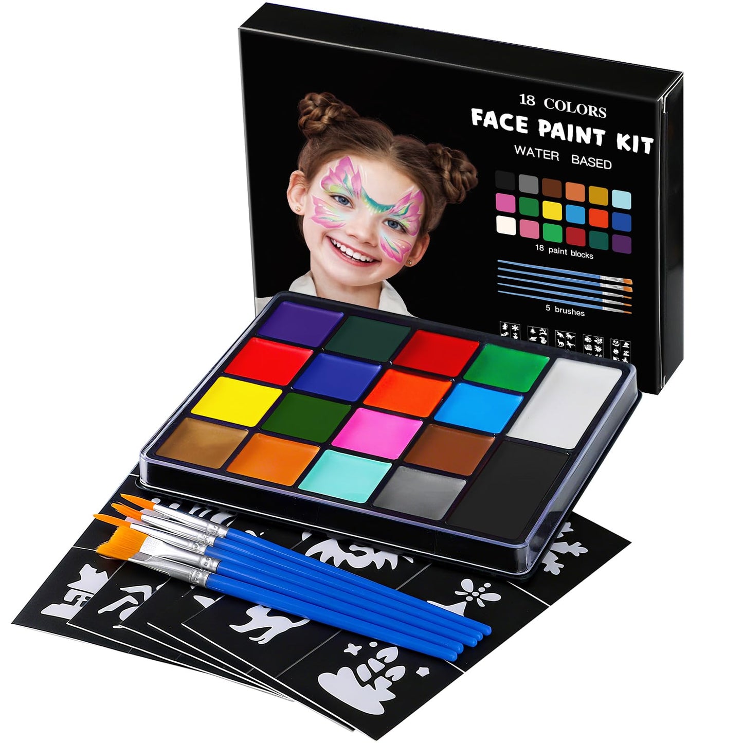 Face Painting Kit for Kids, 18 Colors Water Activated Face Paint with Brushes & Stencils, Non-Toxic Halloween Makeup Kit, Professional Face Body Paint Beauty & Personal Care Asddage