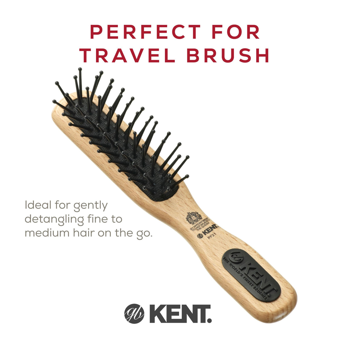 Kent PF21 Narrow Cushion Paddle Brush - Taming Fine Pins, Detangling Long, Thick and Curly Hair, Scalp Massager for Growth Stimulation on Wet or Dry