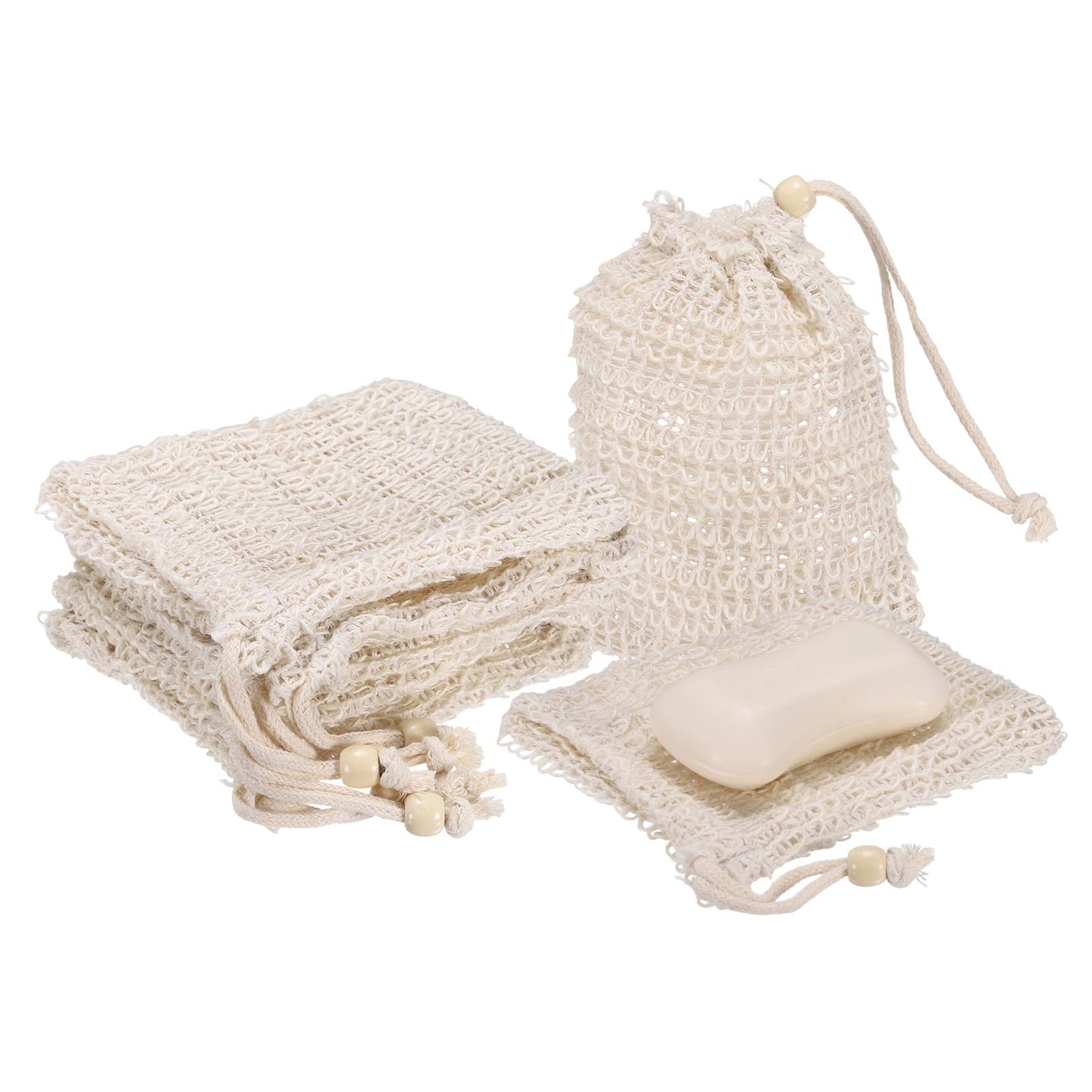 uxcell 20 Pcs Soap Saver Bag, 5.5"x4.7" Mesh Soap Bag with Drawstring White Wooden Bead Cotton Scrubber Pouch Exfoliating Net for Body Shower Foaming Beauty and Personal Care uxcell