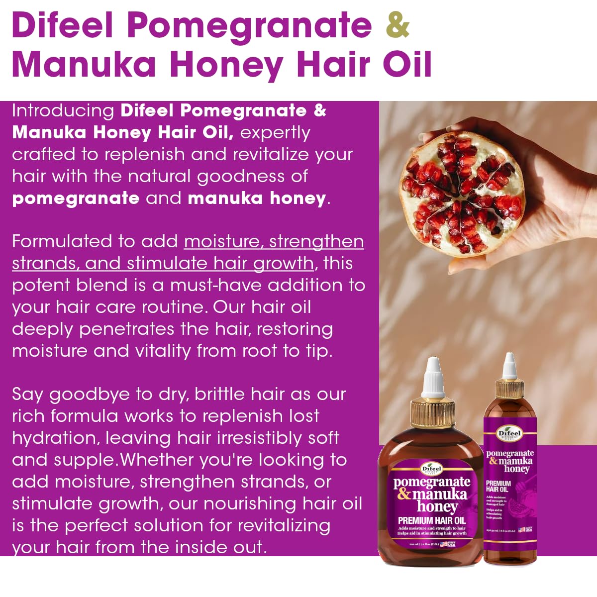 Difeel Elevated Pomegranate & Manuka Honey Premium Hair Oil 12 oz. - Growth Stimulating, Moisturizing & Strengthening Hair Oil for Dry, Damaged Hair Beauty & Personal Care Difeel