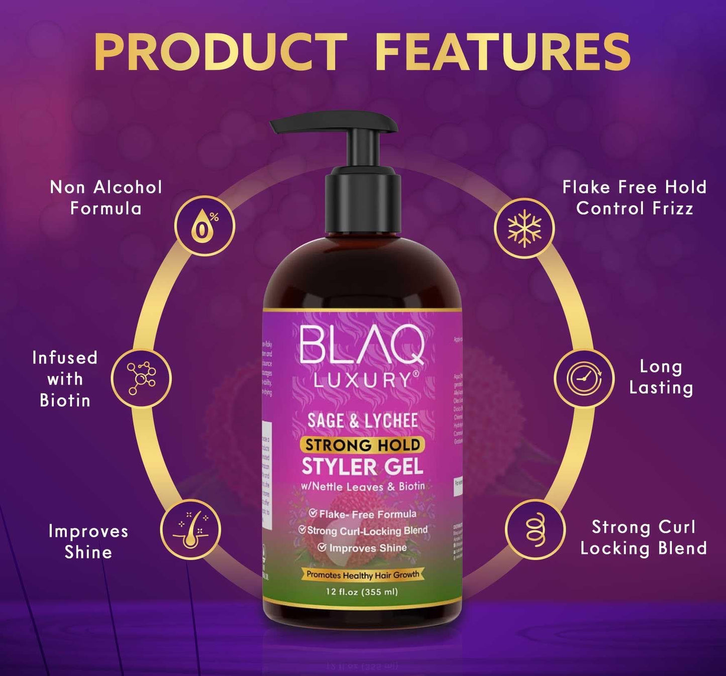 Blaq Luxury Sage & Lychee Strong Hold Styler Gel - Non-Alcoholic and Non-Flaky Formula for All-Day Hold - Biotin Infused - Promotes Hair Repair Beauty & Personal Care Blaq Luxury