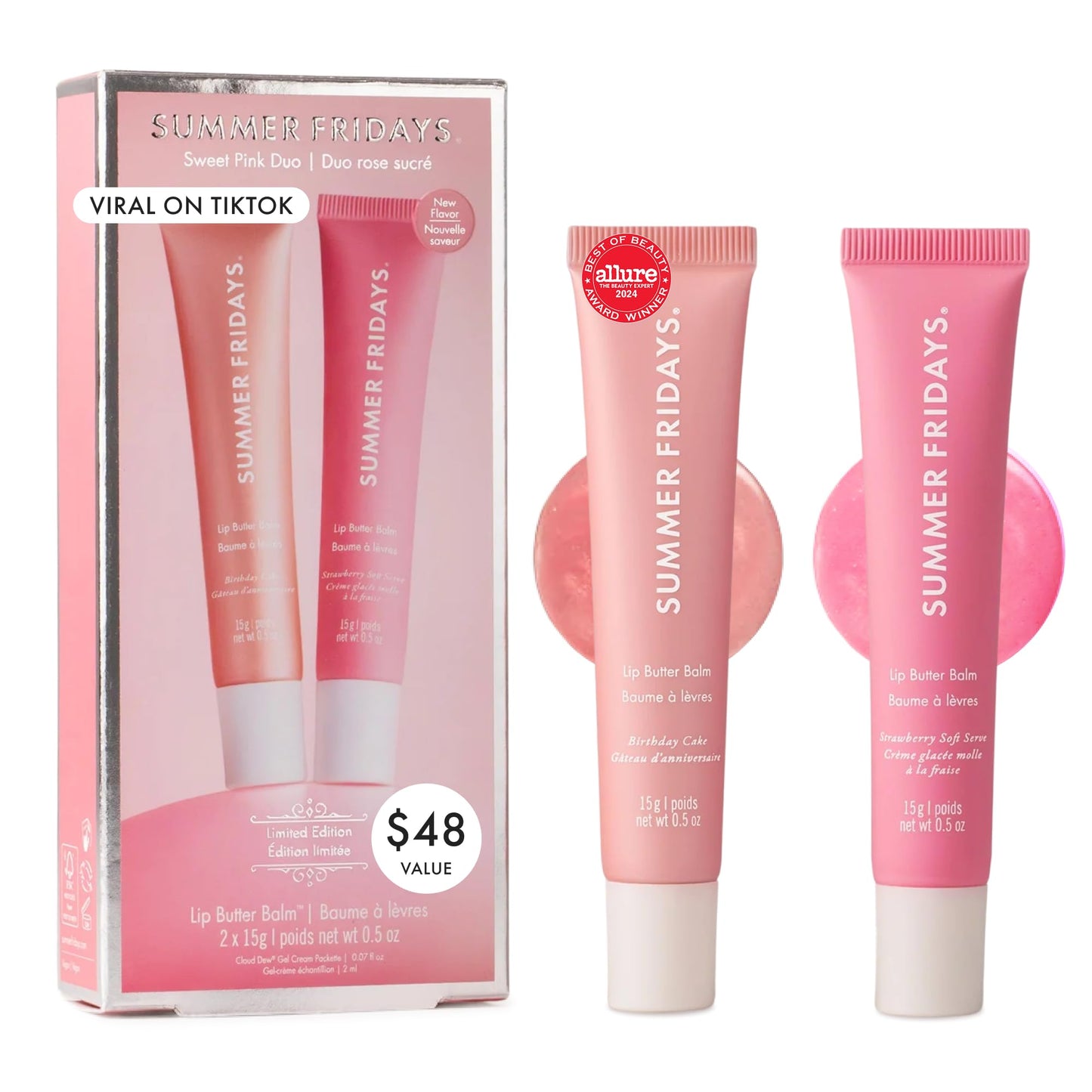 Summer Fridays Lip Butter Balm Sweet Pink Duo - Conditioning Tinted Lip Balm + Overnight Mask for Instant Shine + Color - With Hydrating Shea Butter Beauty and Personal Care Summer Fridays