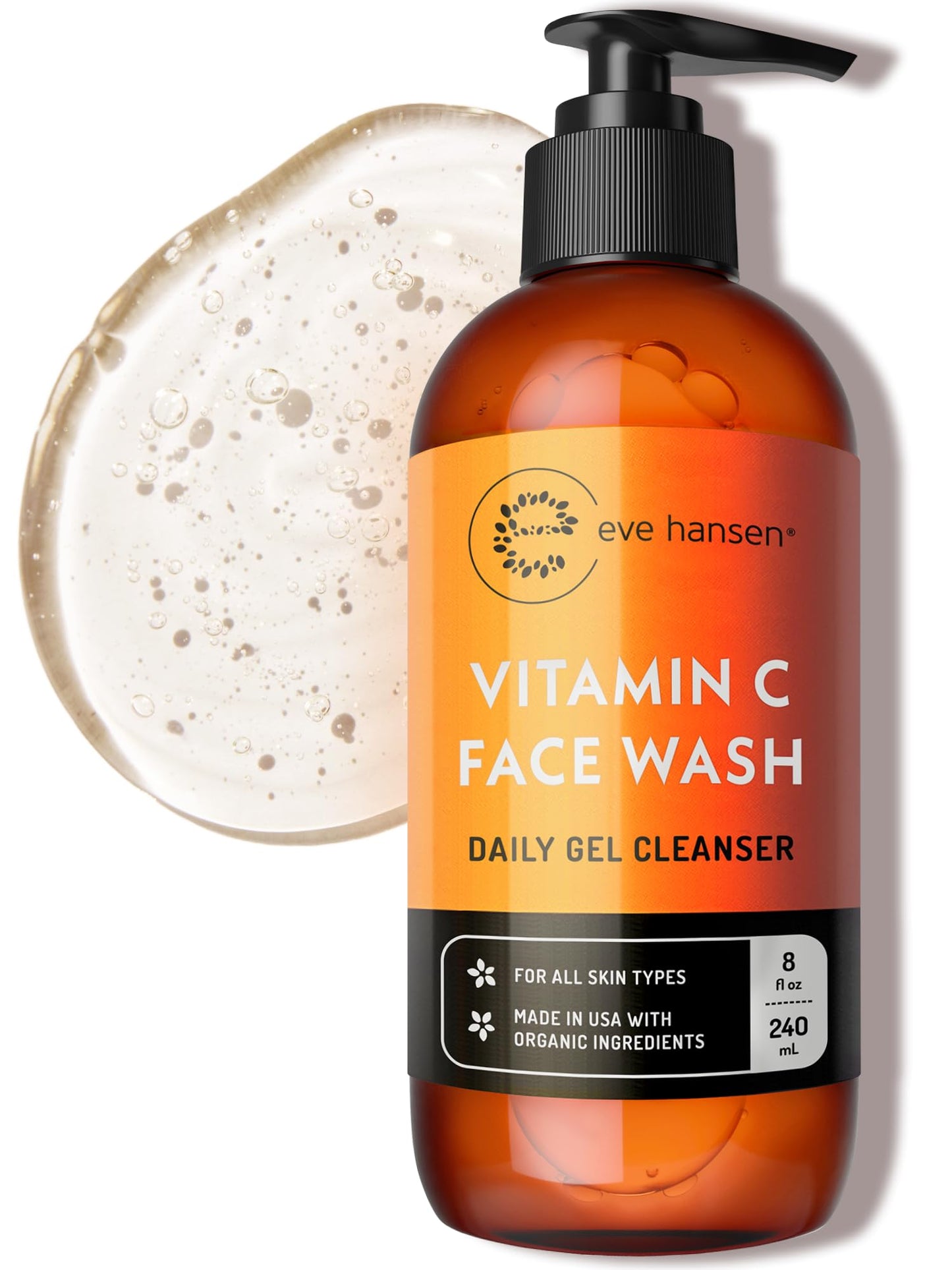 Vitamin C Cleanser Face Wash - HUGE 8 oz Gentle Facial Cleansing Gel for Uneven Skin Tone, Age Spots and Fine Lines - Natural Face Soap with Aloe Beauty & Personal Care Eve Hansen