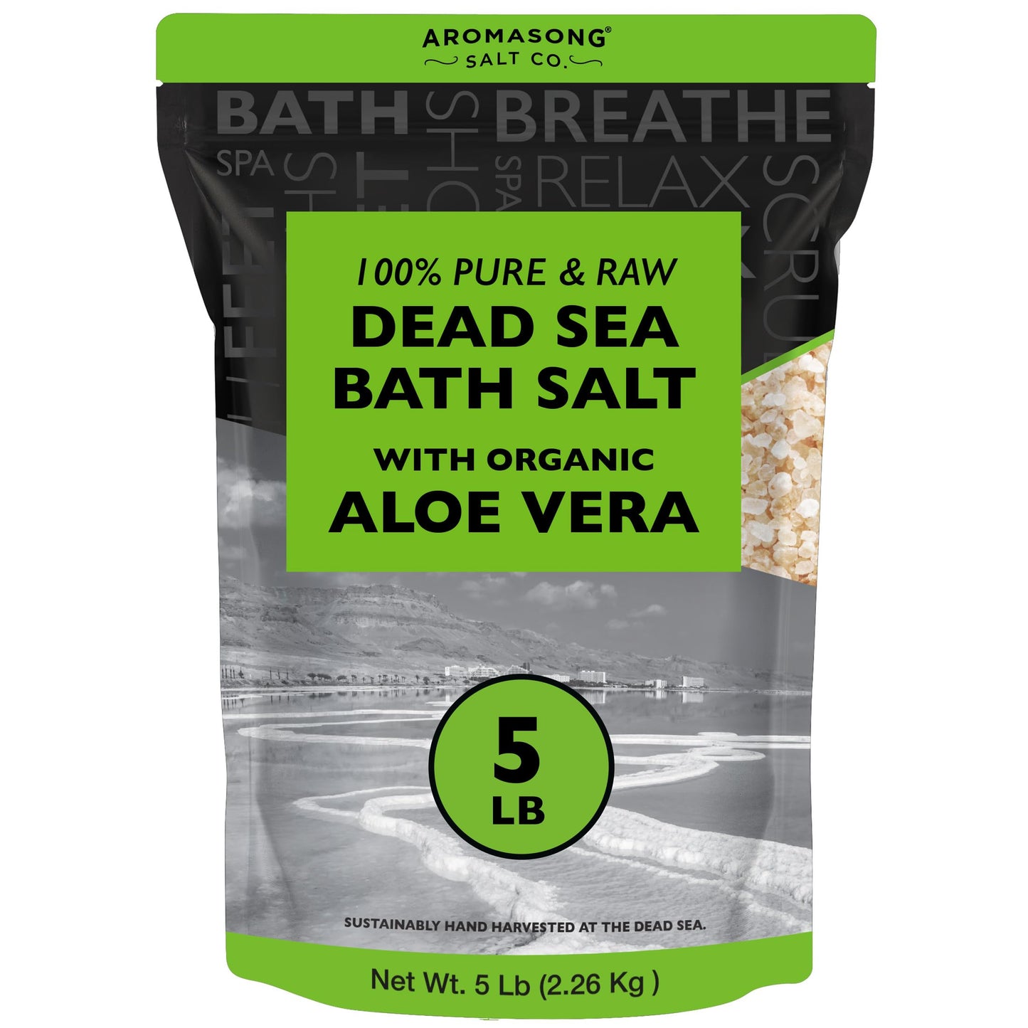 Aromasong 5 lbs Raw Dead Sea Salt with Organic Aloe Vera, not Cleaned, Still Contains All Dead sea Minerals Including Dead sea Mud, Fine Medium Grain Beauty and Personal Care Aromasong