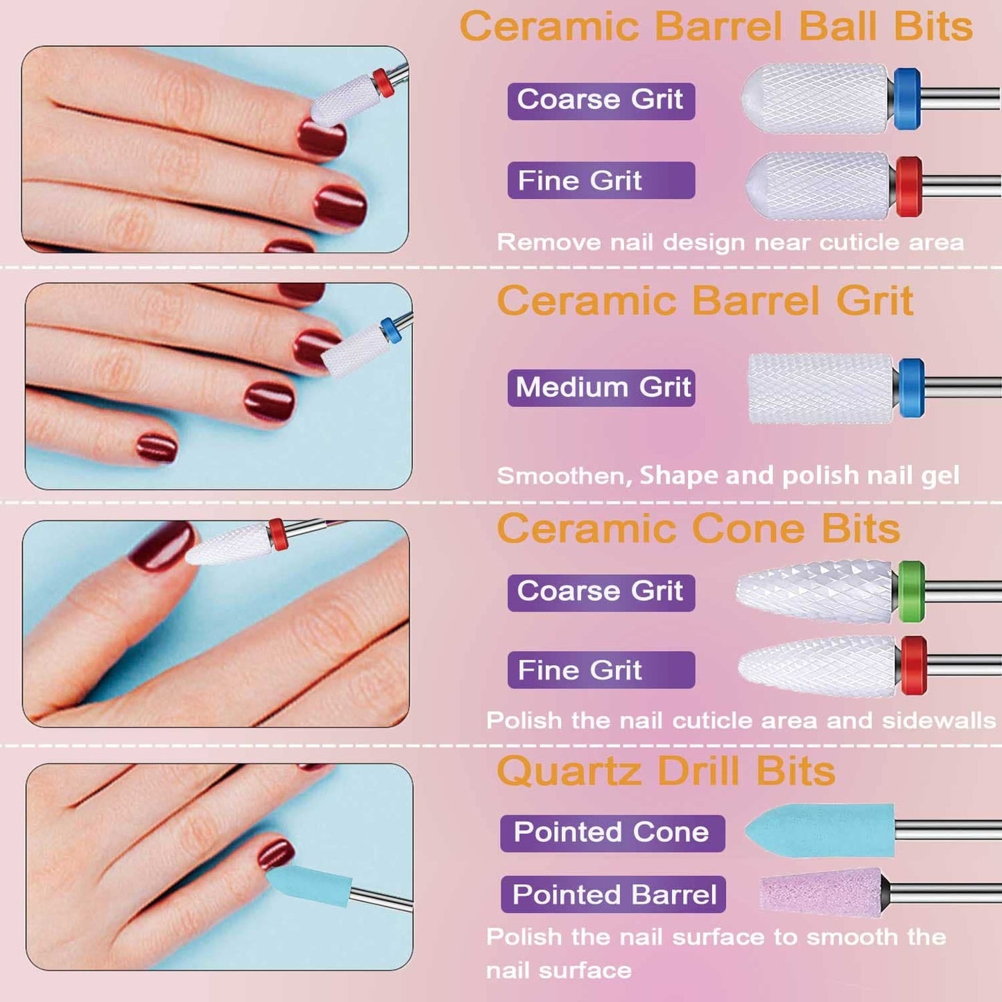 Nail Drill Bits Set, 3/32" Ceramic Tungsten Carbide Diamond Drill Kit,30Pcs Safety Professional Rotary Burrs Polish Nail File Bit for Acrylic Poly Beauty & Personal Care Bunhum