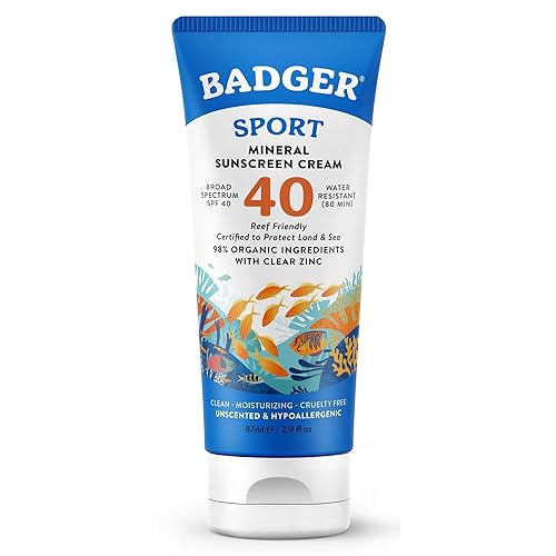 Badger Sport Mineral Sunscreen, Reef Safe, SPF 40, 98% Organic with Zinc Oxide, Water Resistant, Hawaii Reef Act 104 Compliant, Unscented Beauty & Personal Care Badger