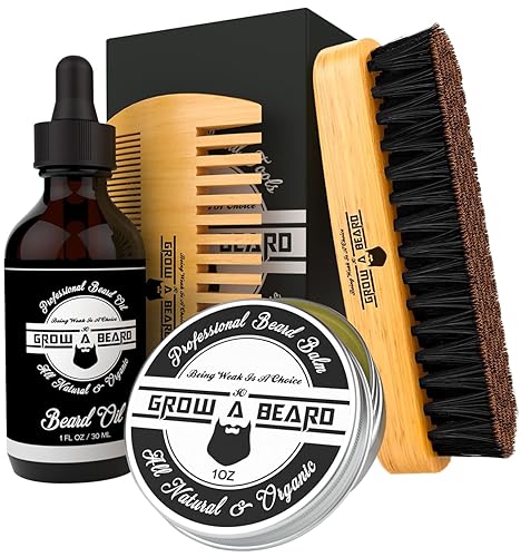 Beard Brush, Beard Comb, Beard Oil, & Beard Balm Grooming Kit for Men's Care, Travel Facial Hair Set for Growth, Styling, Shine & Softness, Great Beauty & Personal Care GROW ALPHA BEARD