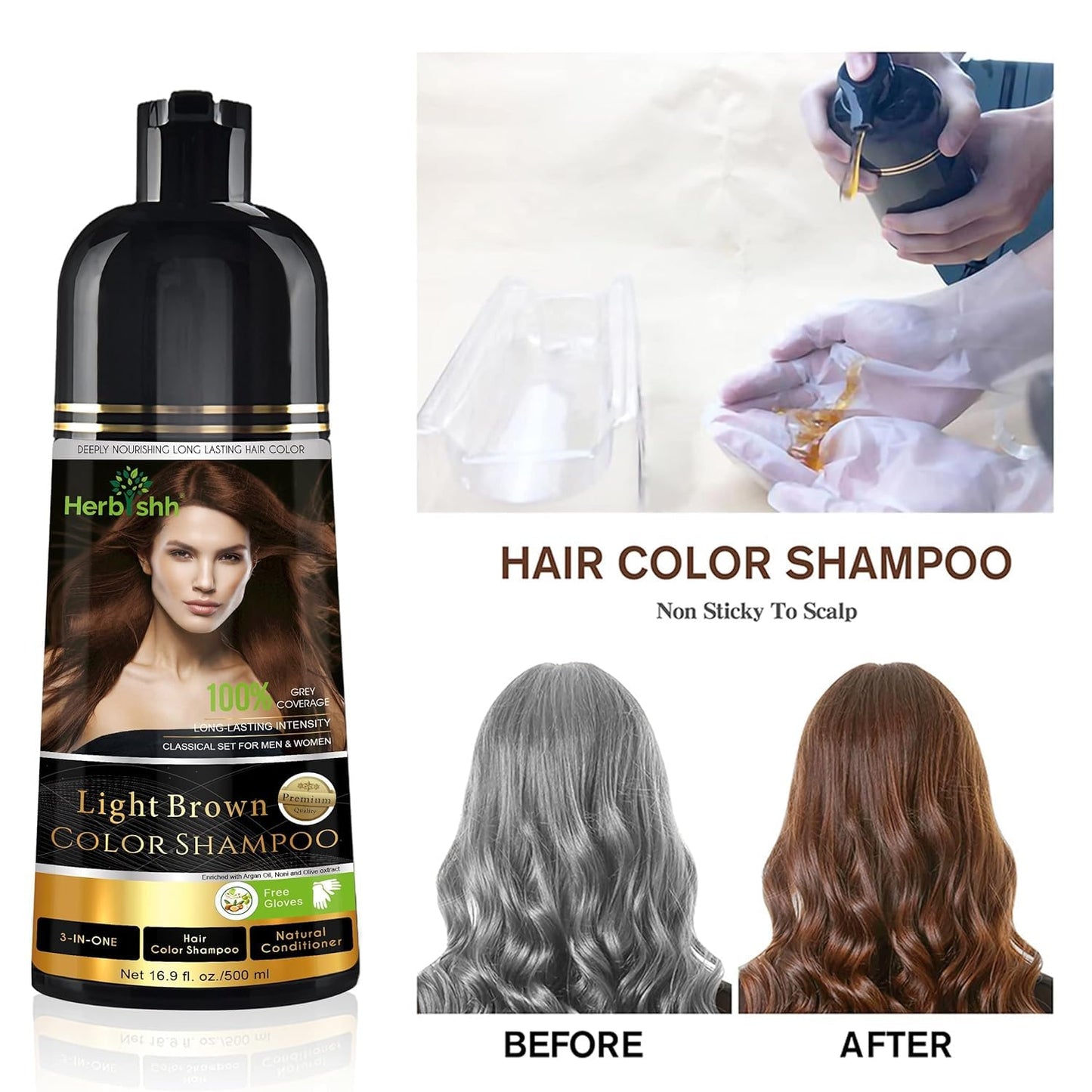 Herbishh Color Shampoo for Gray Hair Coverage (Light Brown) -Hair Dye 3-in-1 Shampoo- Colors in Minutes - Lasts Up To 2-3 Weeks - 500 mL - Ideal Beauty and Personal Care Herbishh