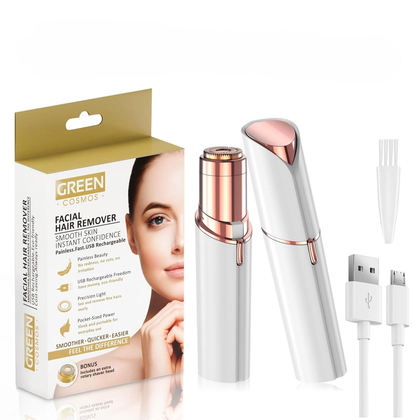 Facial Hair Remover for Women - Gentle & Painless Removal for Peach Fuzz, Lip & Chin - USB Rechargeable Beauty and Personal Care Green Cosmos