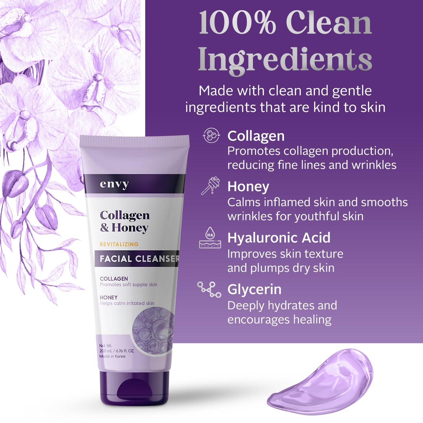 Envy Facial Cleanser with Collagen & Honey - Reduces Fine Lines, Wrinkles & Hydrating - Clean, Cruelty-Free Korean Skin Care for All Skin Types Beauty & Personal Care Envy