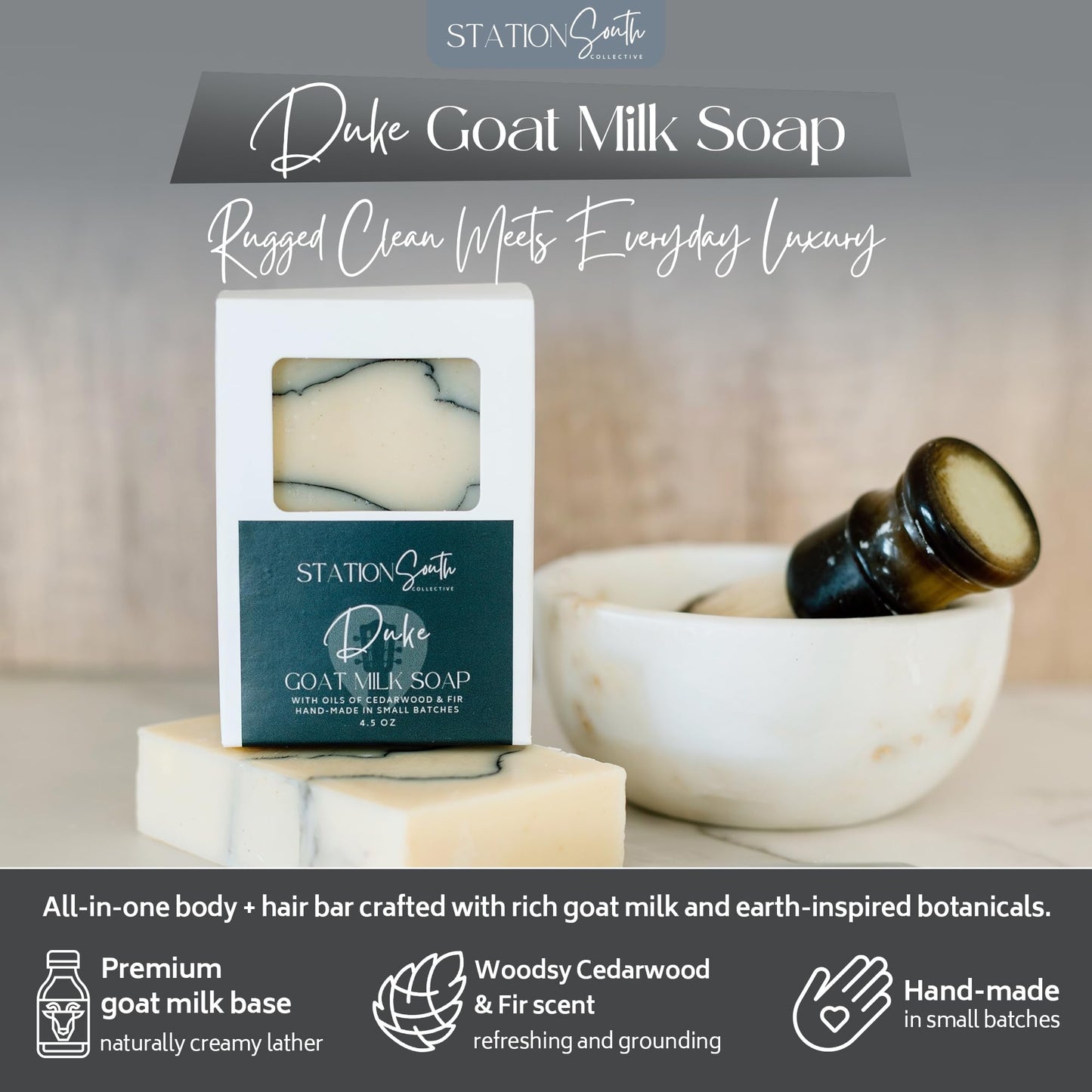 Station South Collective Duke Goat Milk Soap Bar - Men’s 2-in-1 Shampoo & Body Bar, Moisturizing & Deep Cleansing, Hydrating Goat Milk Soap, Woodsy Beauty & Personal Care Station South Collective