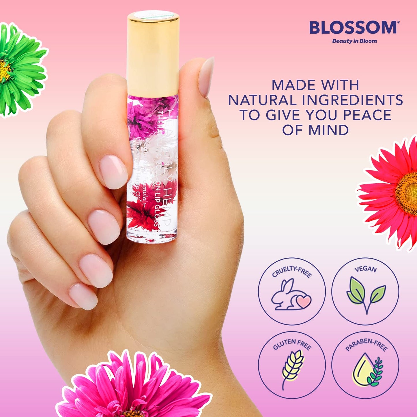 Blossom Roll on Lip Gloss, Scented Clear High Shine Moisturizing Lip Oil, Non Sticky, Infused with Real Flowers, Made in USA, 0.2oz, Watermelon Hemp Beauty & Personal Care Blossom