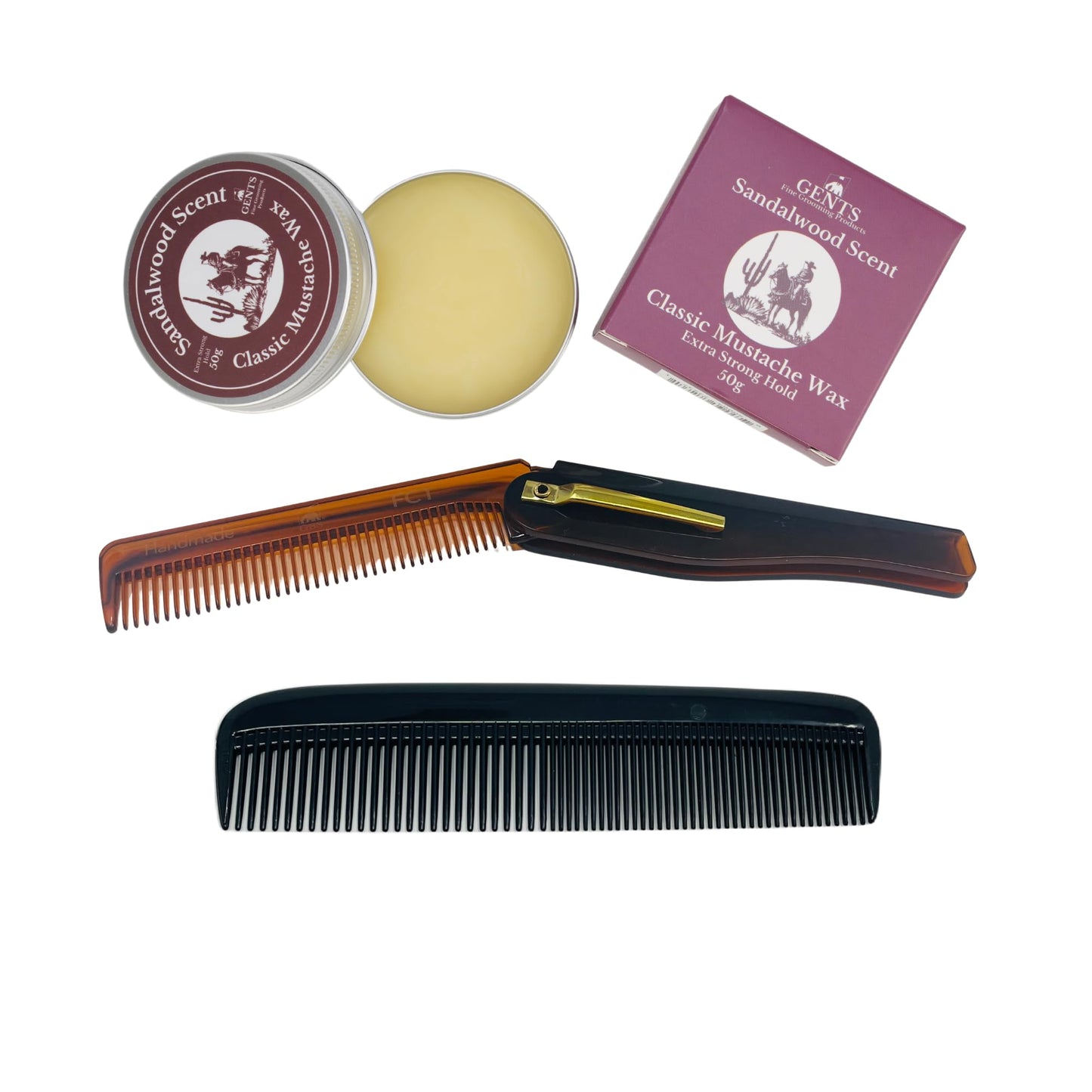 Sandalwood Mustache Wax Kit - Classic Scented Wax with Extra Strong Hold, 5.5" Folding Comb & 5" Fine/Coarse Travel Comb Beauty & Personal Care G.B.S