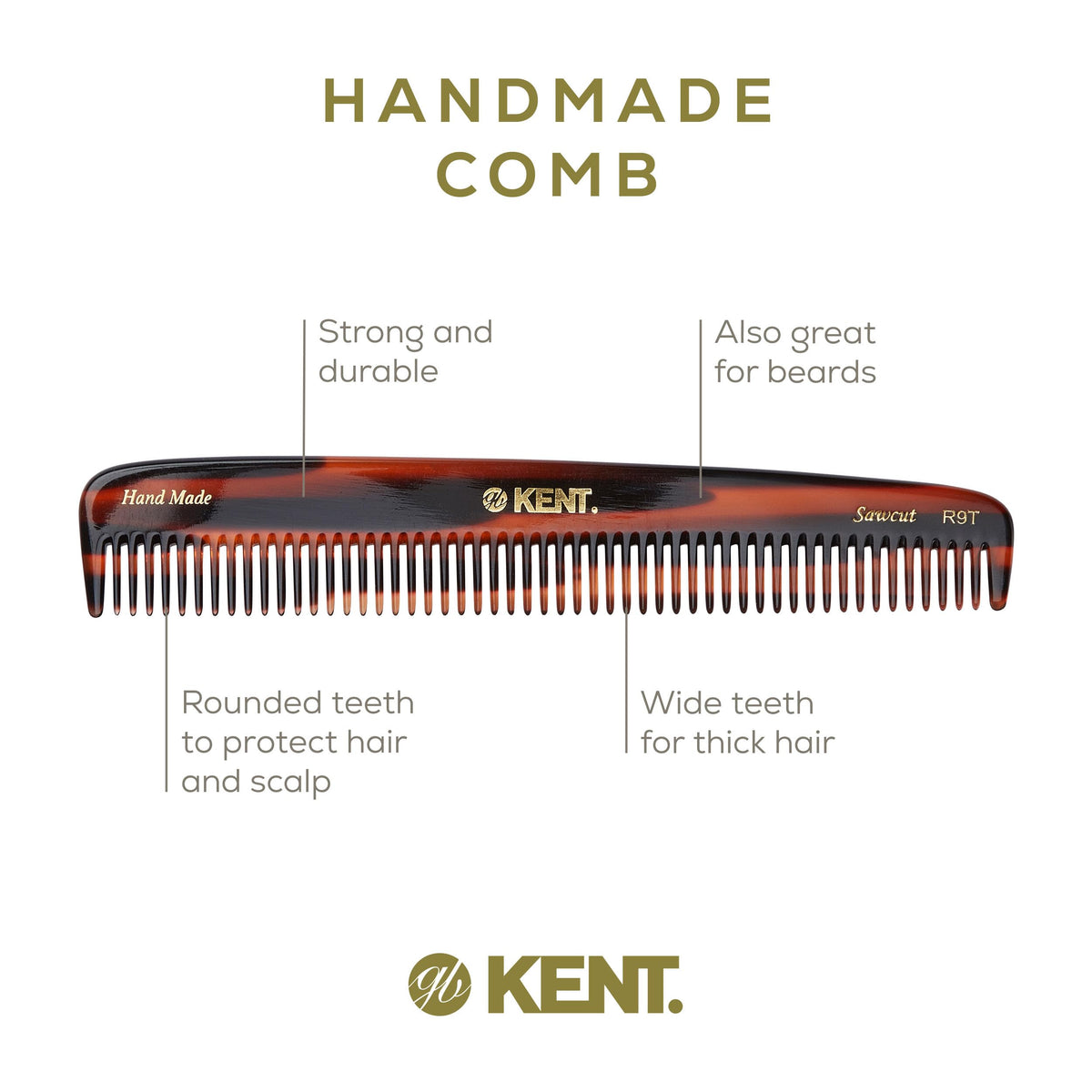 Kent R9T All Coarse Hair Detangling, Wide Teeth Dressing Table Comb for Thick Curly and Wavy Hair. Detangler Comb for Grooming and Styling, Beard and