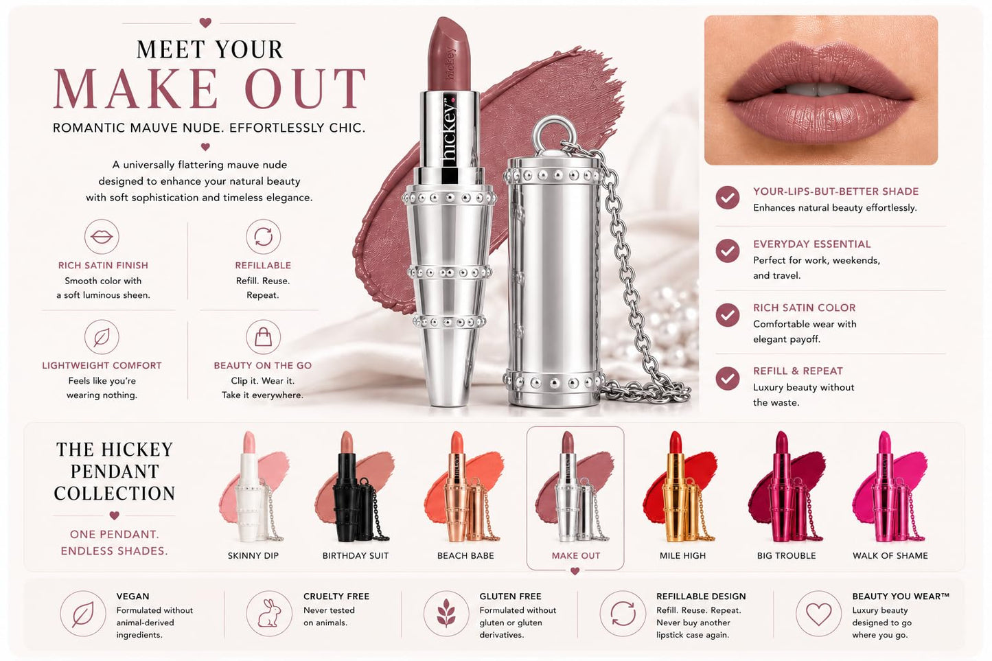 Hickey Refillable Pendant Lipstick, Make Out[Sheer Mauve Nude] - Wearable Satin Lip Color on a Chain, Refillable Clean Beauty, Full Lipstick Included Beauty & Personal Care Hickey