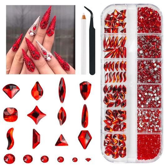 qiipii 2052Pcs Red Nail Rhinestones 72 Multi Shapes Siam Red Rhinestones for Nails Flatback Nail Gems K9 Glass Round Ruby Red Beads Stones Diamonds Beauty and Personal Care qiipii Default Title