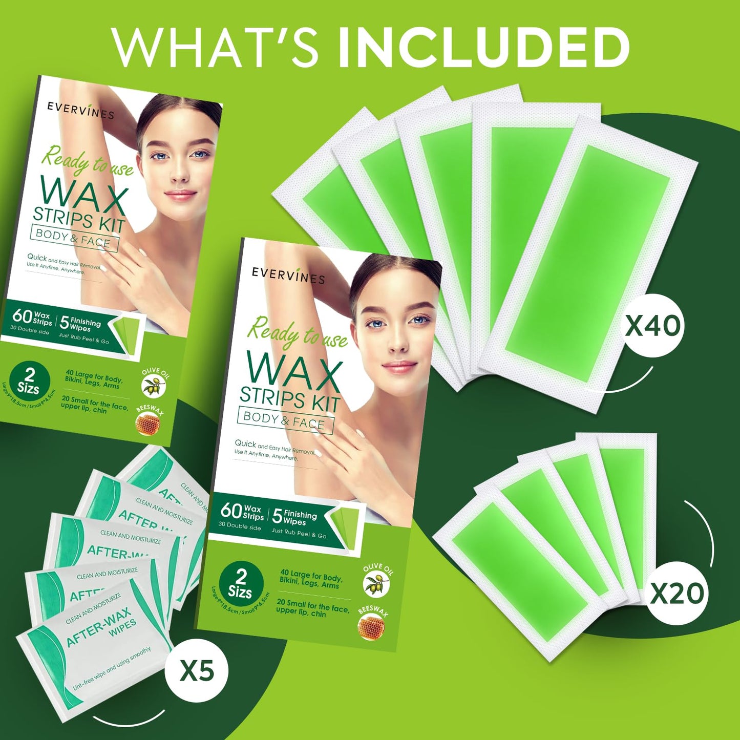 Evervines Facial & Body Wax Strips Kit - 60 PCS (40 Body & 20 Facial) for Hair Removal with 5 Oil Wipes - Removes Lip, Chin, Eyebrows, Bikini, Legs Beauty and Personal Care Evervines
