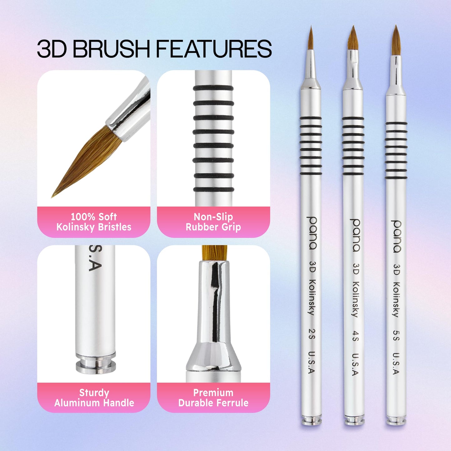 PANA 3D Kolinsky Acrylic Nail Art Sculpture Brush with Silver Metal Non-Slip Grip Handle for Manicures 3D Nail Art Flower Designs (Size #4) Beauty & Personal Care PANA