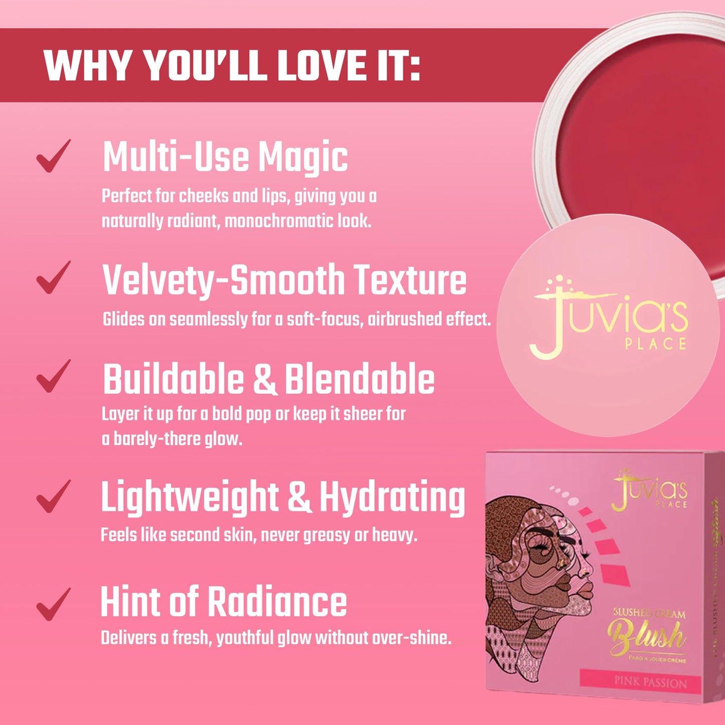 Juvia's Place Blushed Cream Blush - Pink Passion - Multi-Purpose Cream Blush for Cheeks & Lips - 2in1 Formula, Smooth, Blendable Texture for a Soft Beauty & Personal Care Juvia's Place