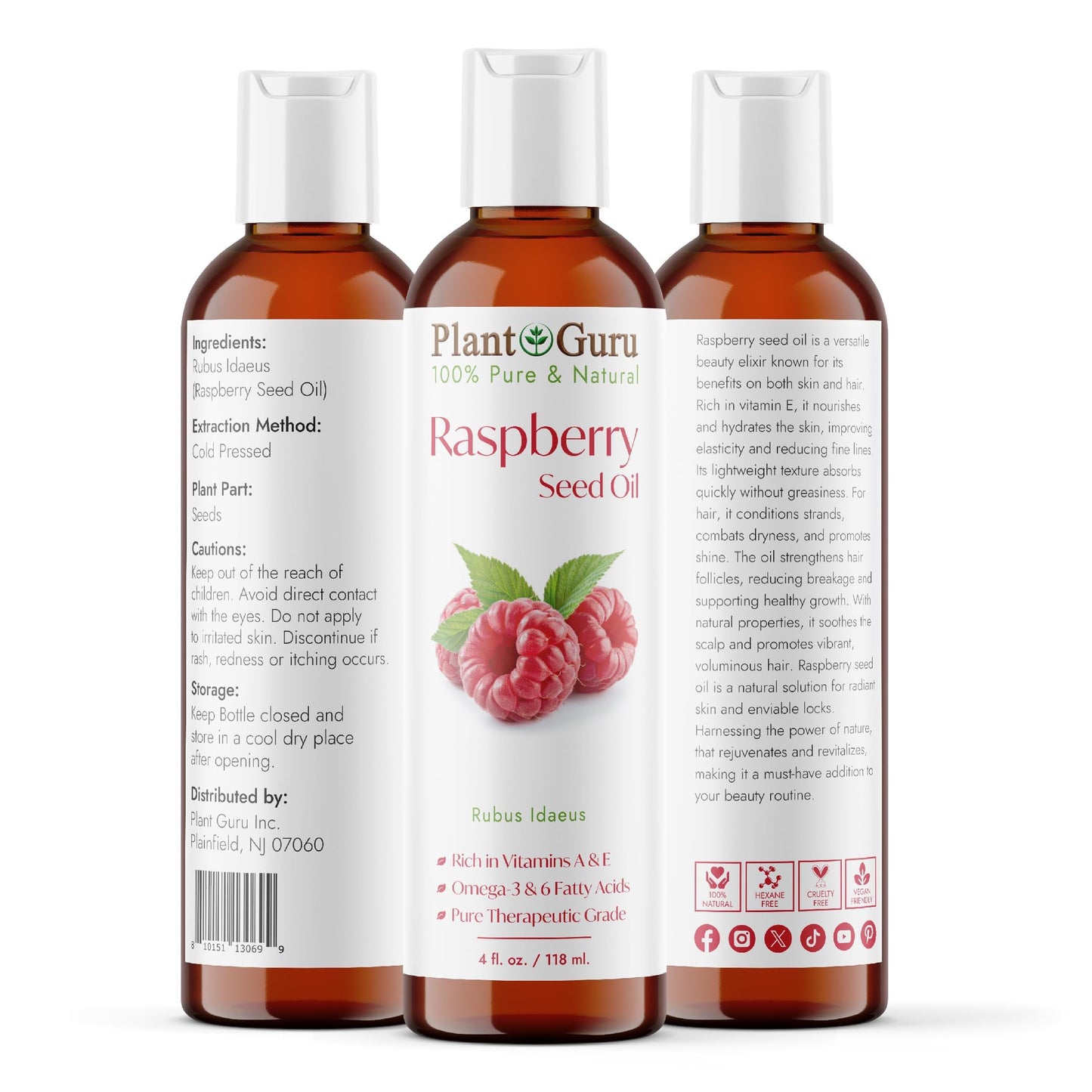 Red Raspberry Seed Oil 4 fl. oz. Cold Pressed Unrefined 100% Pure & Natural Carrier - Ideal for Skin, Face, Body, and Hair Moisturizer. Great for DIY Beauty & Personal Care Plant Guru