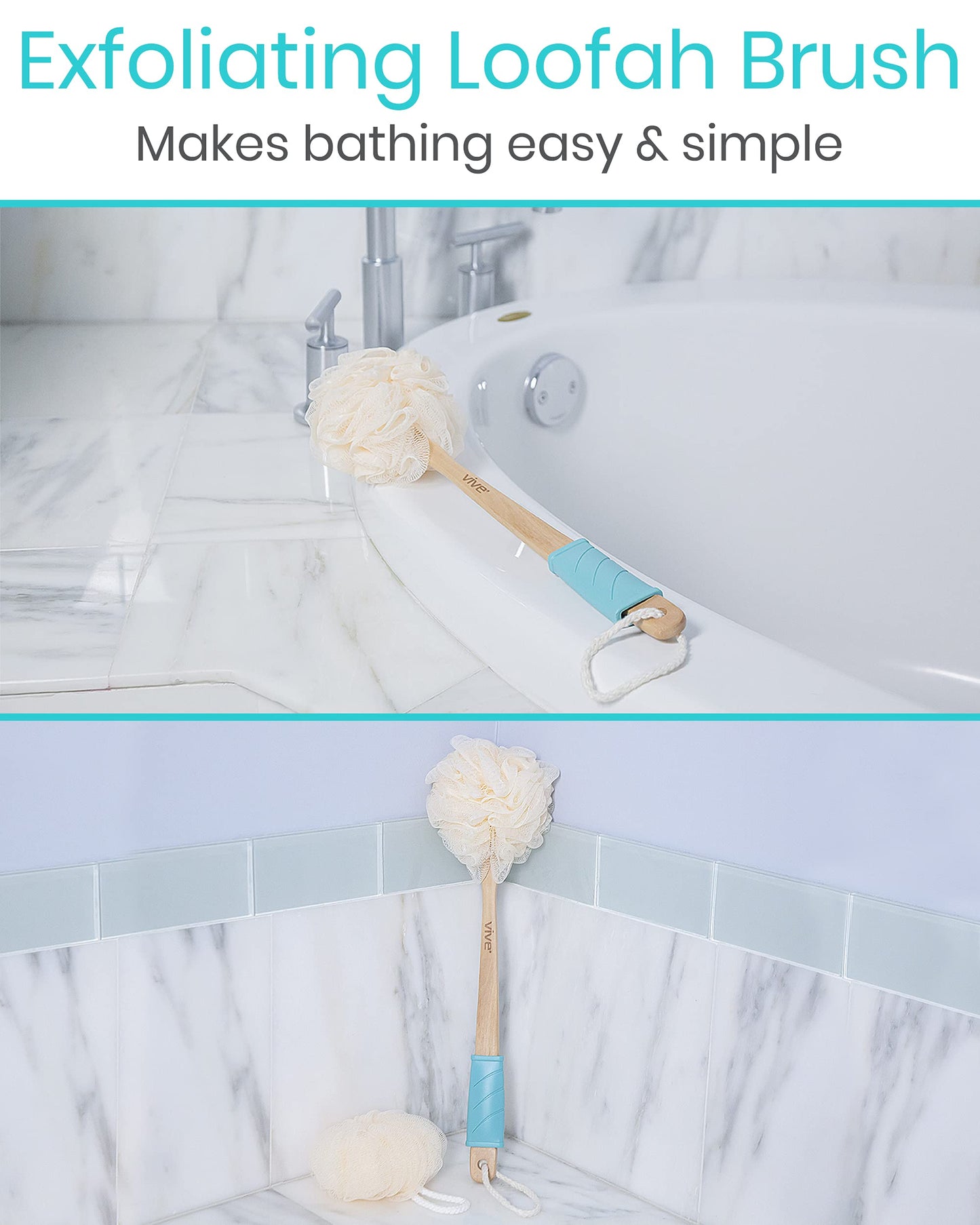 Vive 17” Shower Loofah with Long Handle - Exfoliating Back & Body Scrubber for Men & Women - Luffa Sponge on a Stick for Bathing, Cleaning - Includes Beauty & Personal Care Vive
