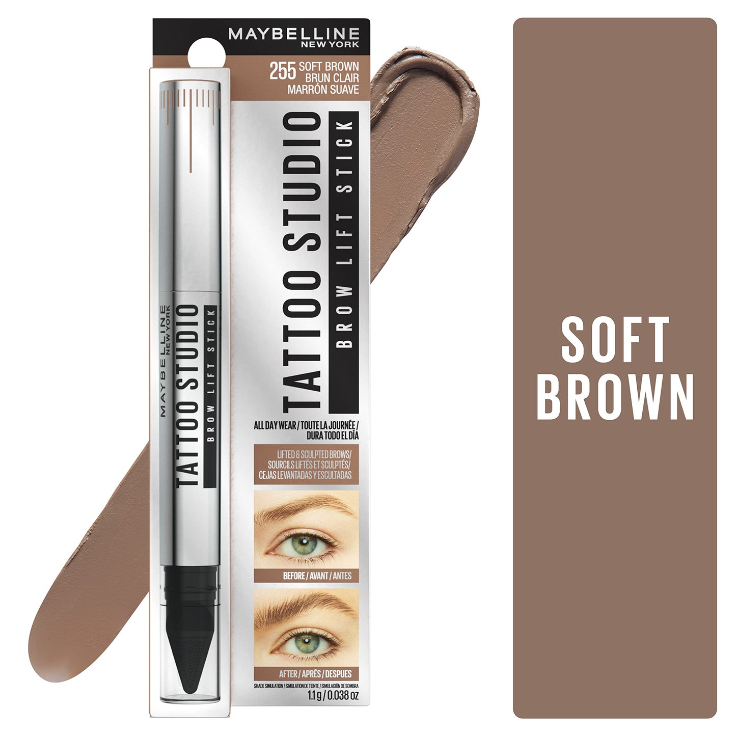 Maybelline TattooStudio Brow Lift Stick Makeup with Tinted Wax Conditioning Complex, Soft Brown, 1 Count Beauty & Personal Care MAYBELLINE