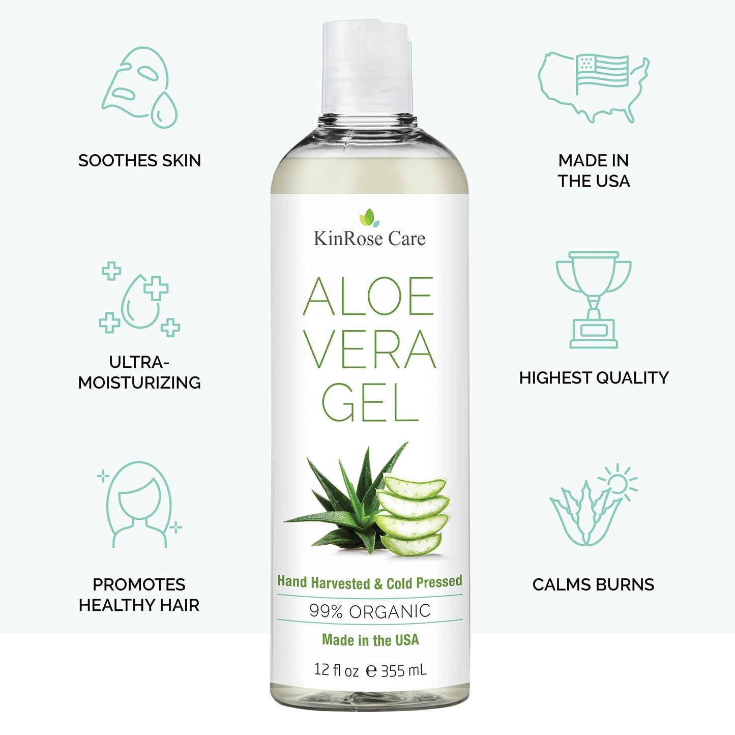 KinRose Care, 12oz Aloe Vera Gel for Face, Skin, Hair & Sunburn Relief - From Pure Organic Aloe Vera (99%) - Cold Pressed, Vegan, Unscented - Made in Beauty and Personal Care KinRose Care