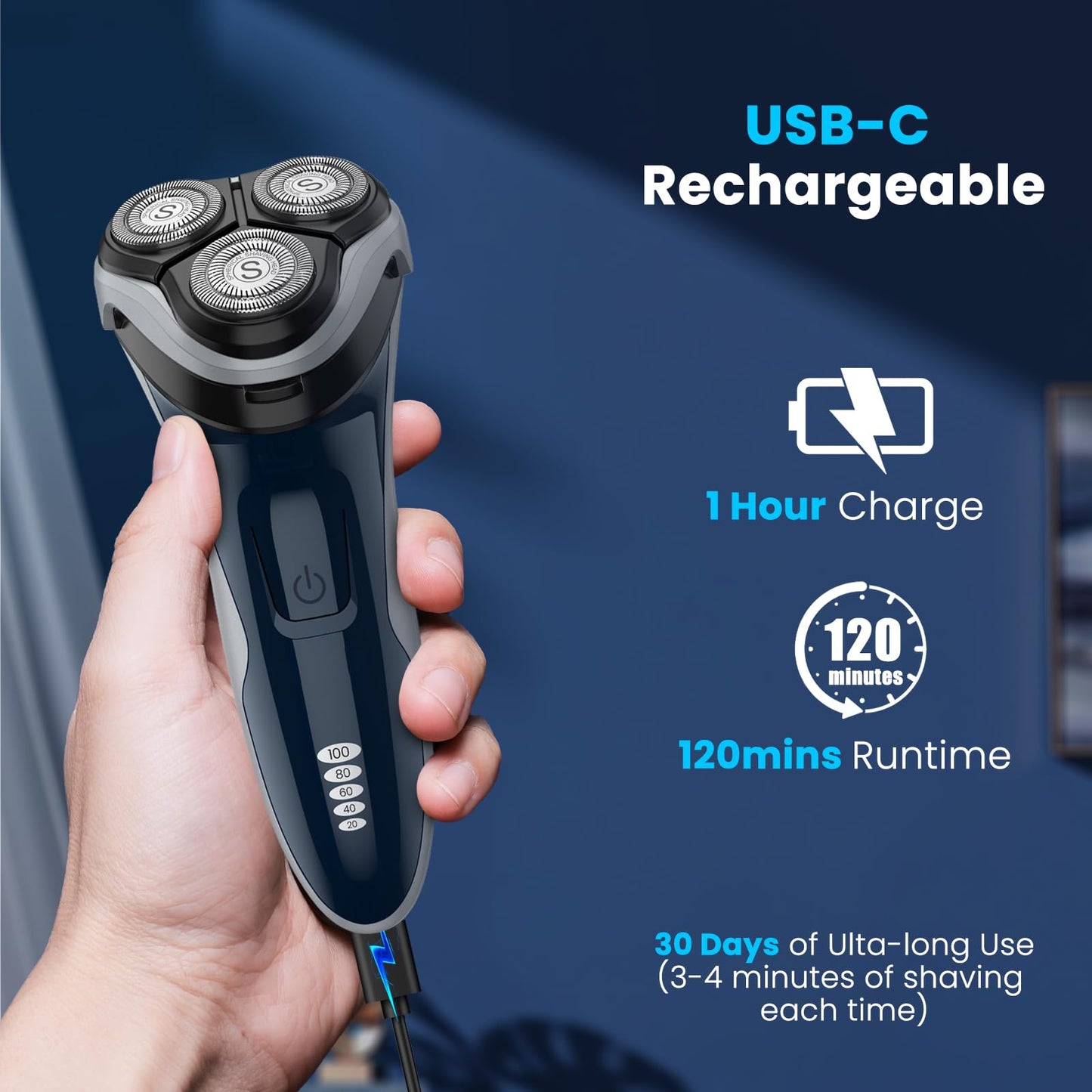 Phisco Rechargeable Electric Razor for Men: 120-Min Electric Shaver with 1-Hour USB-C Fast Charge - IPX7 Waterproof Wet/Dry Shaver - 10000RPM Powerful Beauty and Personal Care Phisco