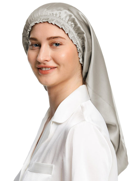 LilySilk Pure Mulberry Silk Long Bonnet for Sleeping - 19MM Silk Hair Cap for Long Curly Hair - Women's Sleep Cap with Elastic Band, Silvergray Beauty and Personal Care LilySilk