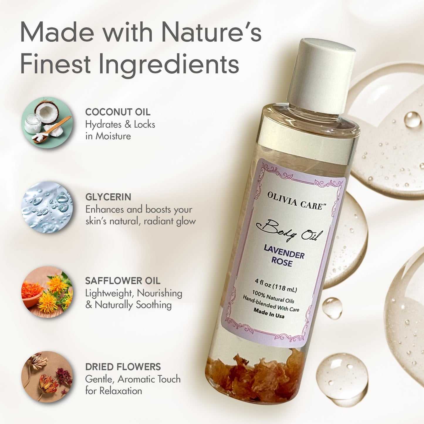 Olivia Care Body Oil Lavender Rose Vegan & Natural Perfume Oil For Women | Hydrating After Bath Oil- Infused with VITAMIN E, K & Omega Fatty Acids Beauty & Personal Care Olivia Care