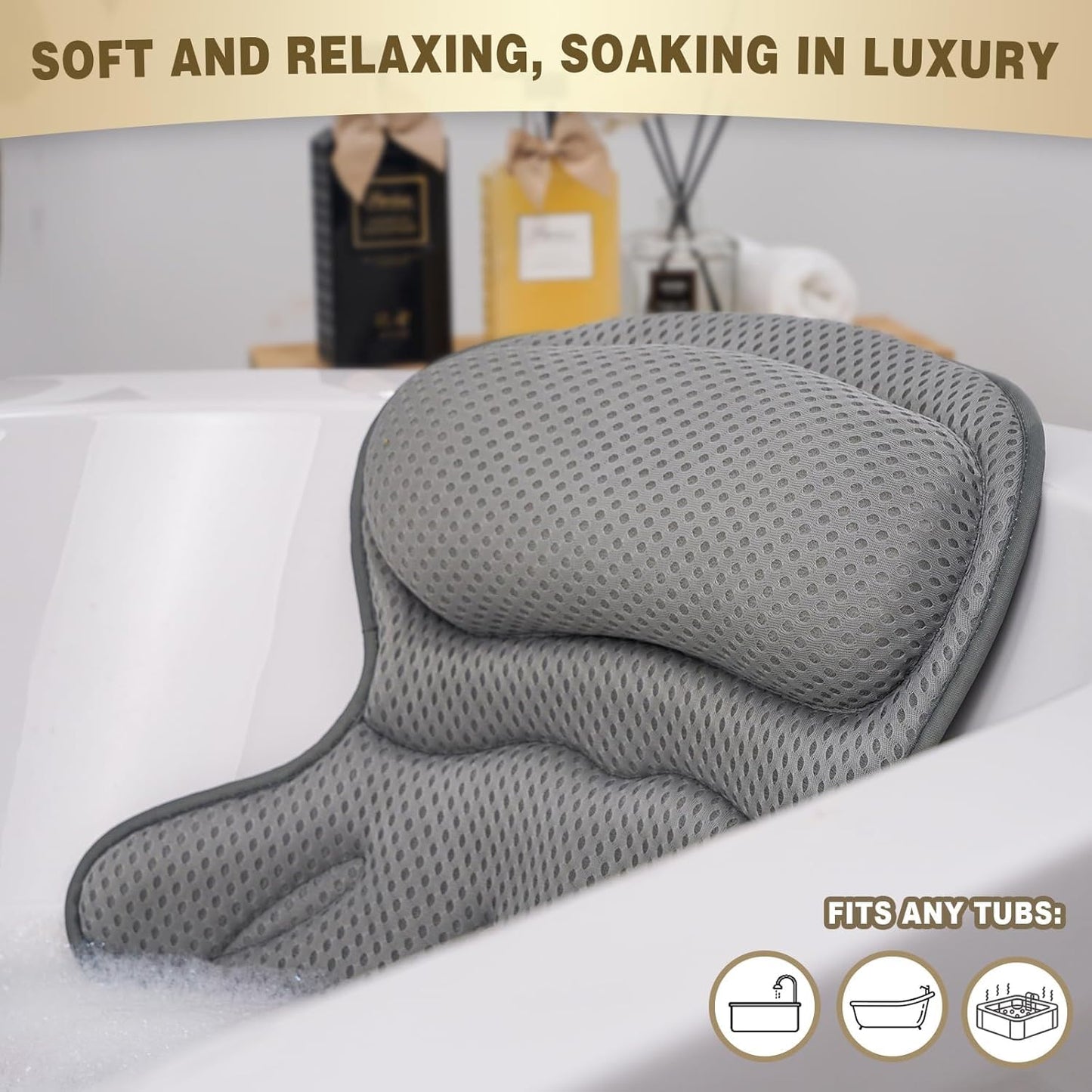 Bath Pillow Luxury Bathtub Pillow, Extra Soft & Comfortable Bath Pillow for Tub Head Neck and Back Support, with 4D Air Mesh Cushions & Non-Slip Beauty and Personal Care Binobella