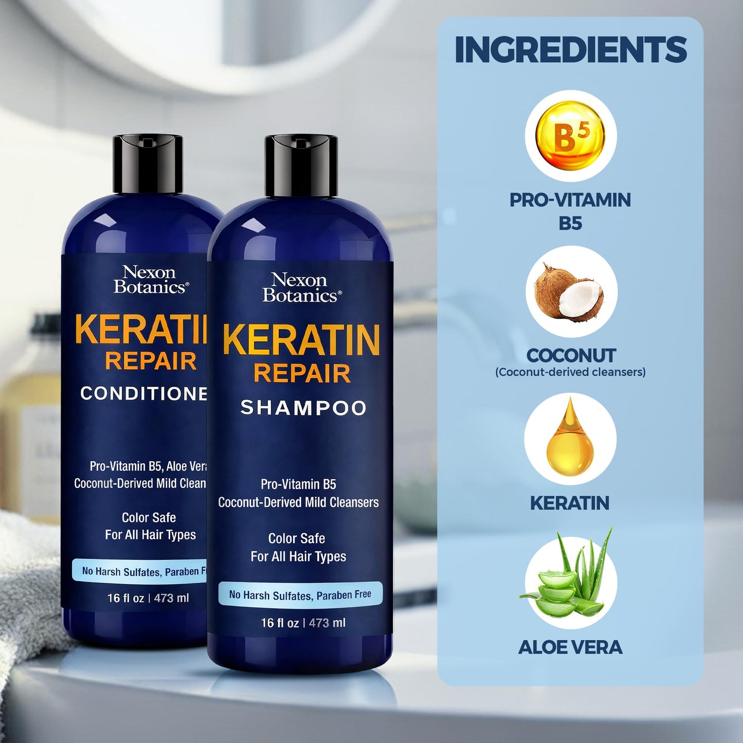 Keratin Shampoo and Conditioner Set 16 fl oz Each - Strengthening & Smoothing Care for Dry, Damaged, Frizzy or Keratin-Treated Hair - Color Protecting Beauty & Personal Care Nexon Botanics